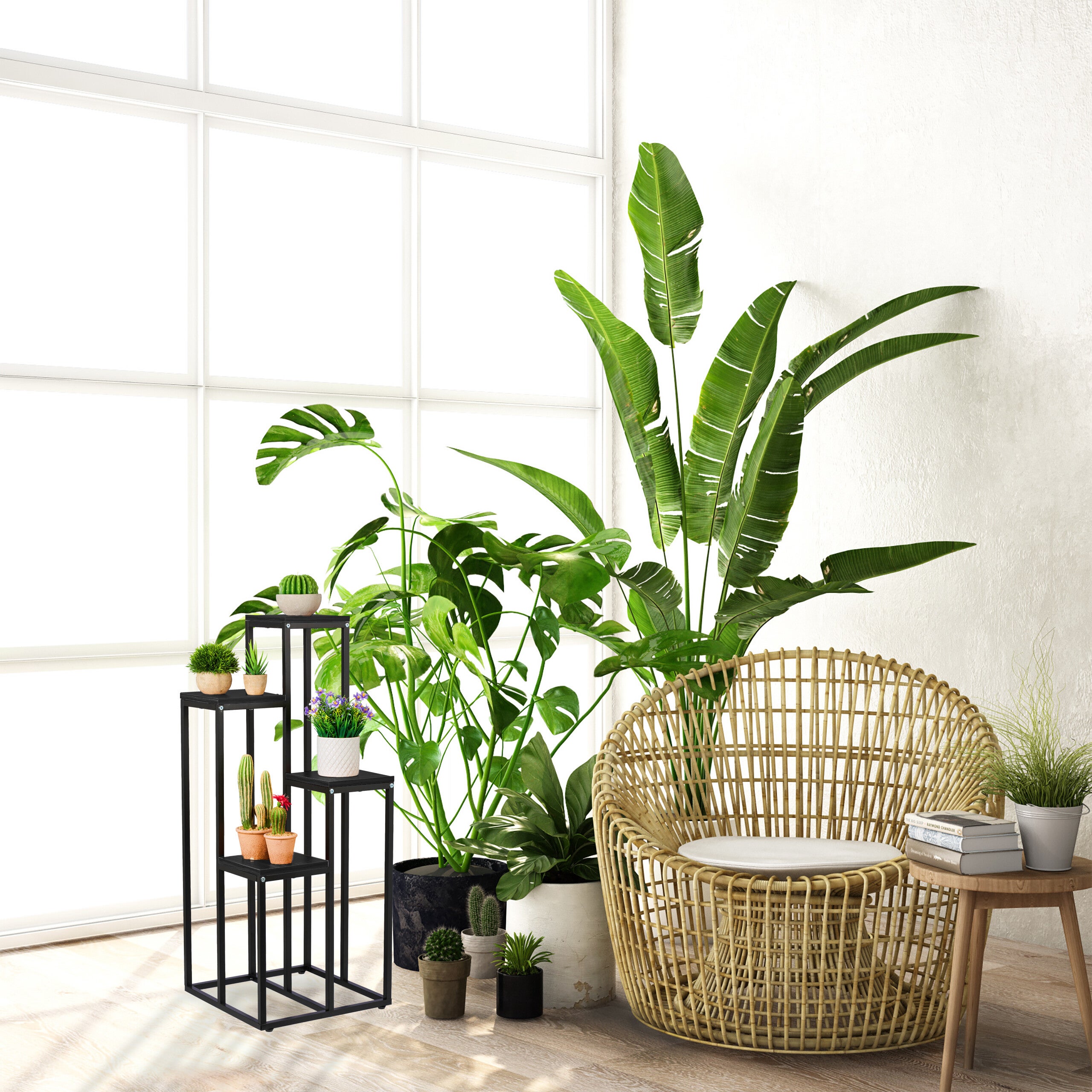 Étagère à plantes, 4 niveaux, HxLxP&nbsp;: 100x40x40&nbsp;cm, acier et MDF, escalier pour fleurs, noir, Relaxdays - 3
