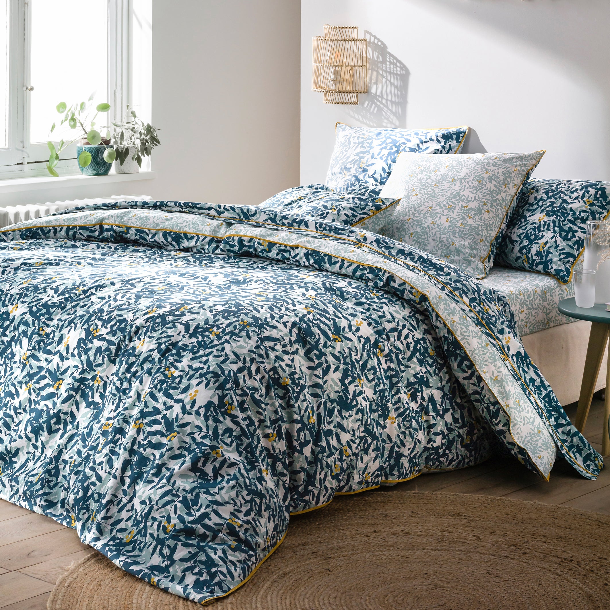 Drap percale de coton, Foliage - Imprimé bleu - 180 x 290 cm - 2