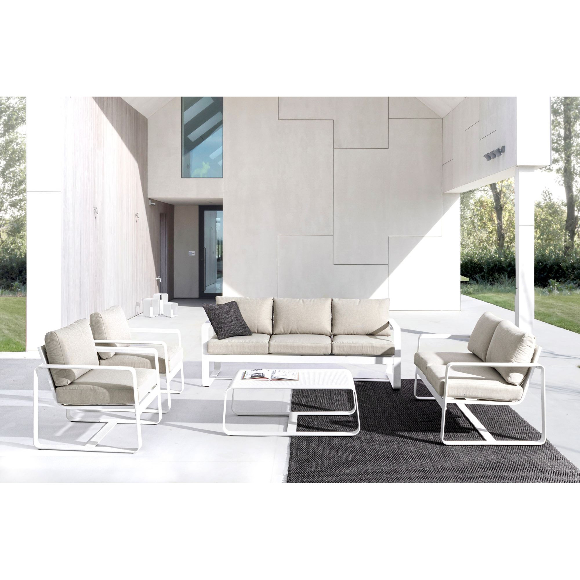 Sofá Lounge Exterior Aluminio 3 Plazas 2 Sillones Con Mesa Cafetera Merrigan Blanco Bizzotto - 3