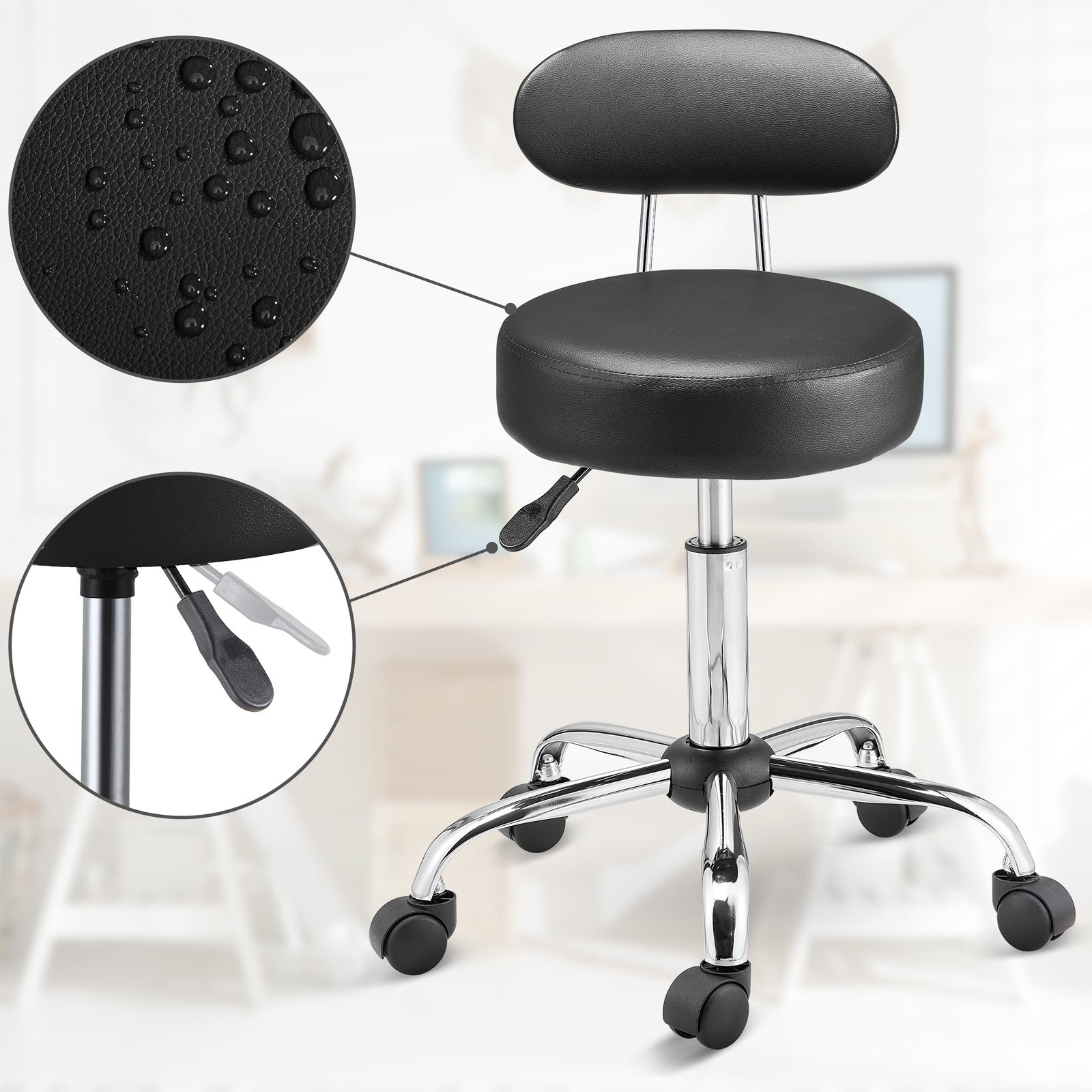 CASARIA® Chaise Bureau Gaming noire Pivotante Avec Dossier, Siège Similicuir Réglable Sur Roulettes Fauteuil Salon Polyvalent tabouret coiffeuse - 9
