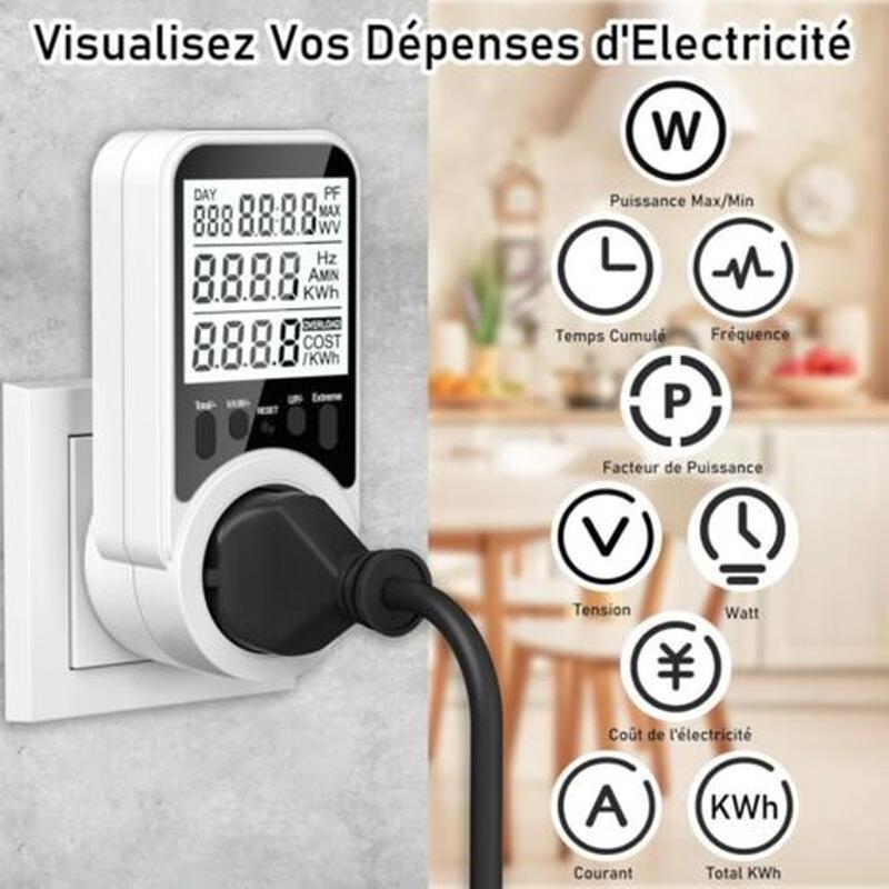 Wattmètre Prise Compteur d'Énergie, Compteur Électrique 11 Modes de Surveillance, Consommation d'Énergie 3680W 16A Max avec Protection de Surcharge - 2