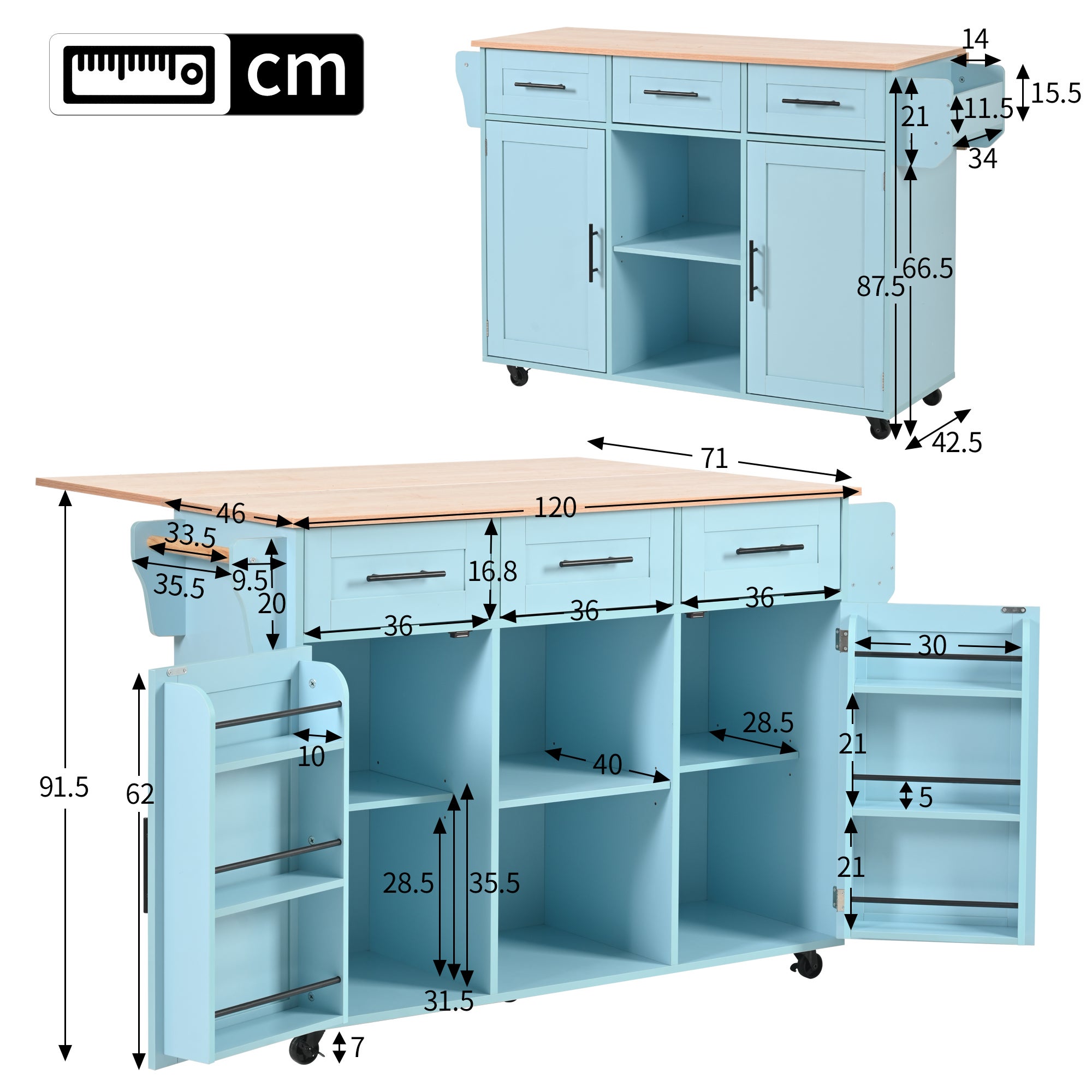 Îlot De Cuisine Mobile Avec Table Pliante - 129x71x91.5 Cm - 5 Roues, 2 Tiroirs, Rangement - Noir - 3