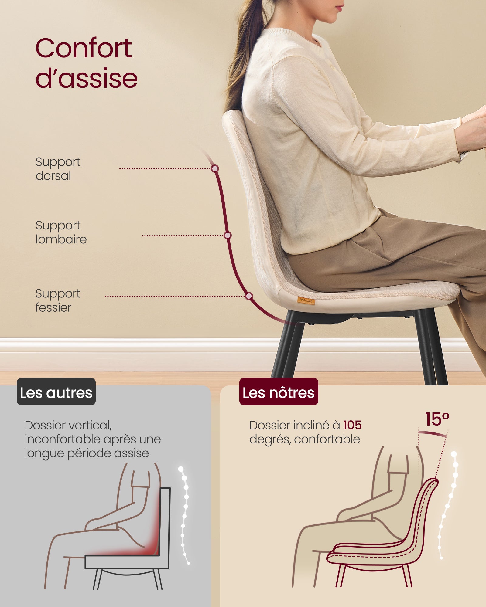 Chaises de Salle à Manger, Lot de 4, Support Métallique, Pieds Réglables, Nettoyage Facile, Tissu Chenille, PU Texturé Glacé, Blanc Crème - 4