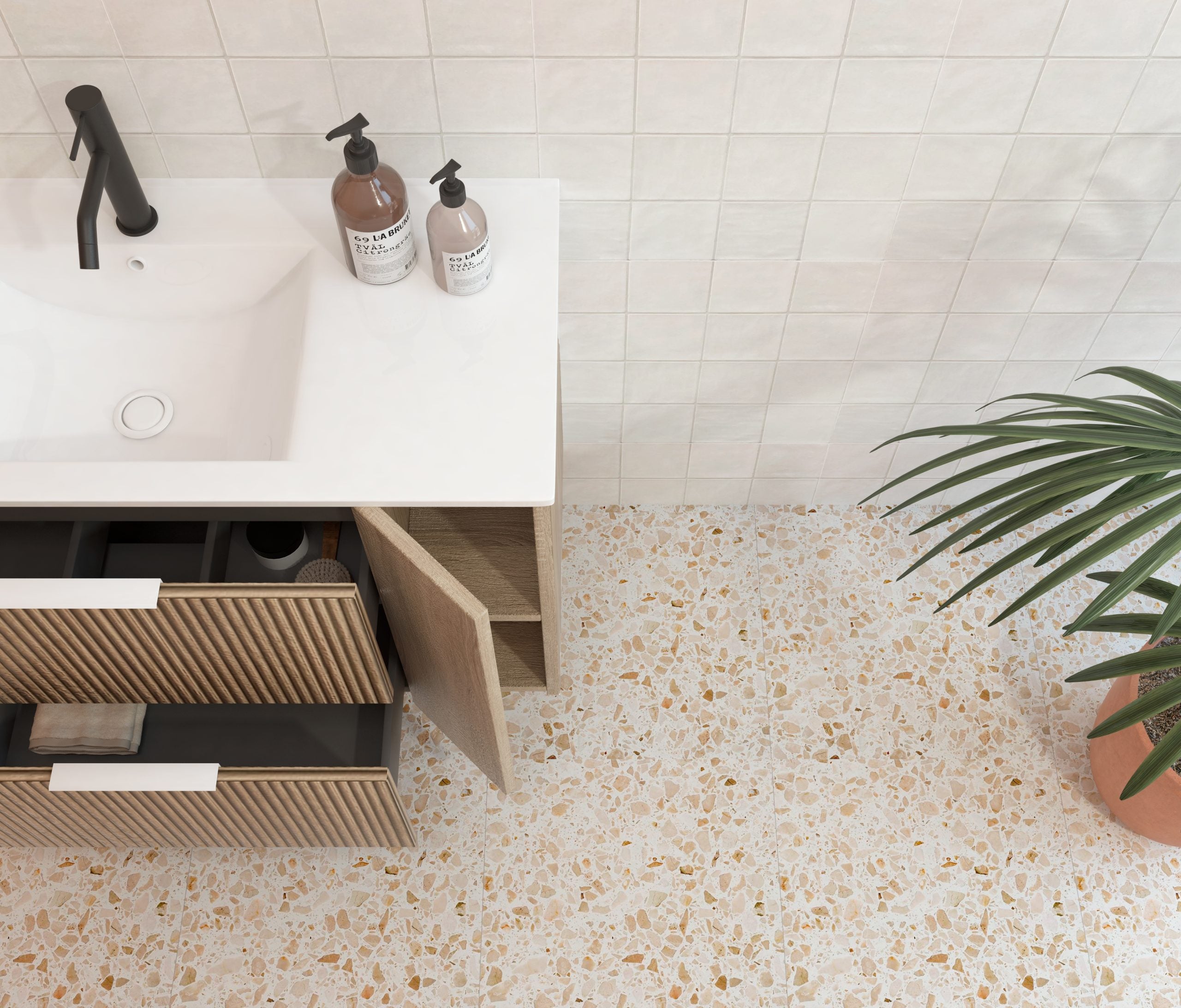 Meuble de salle de bain Mapau Pack avec lavabo et miroir circulaire BRIDAN deux tiroirs chêne Bardolino 100cm - 3