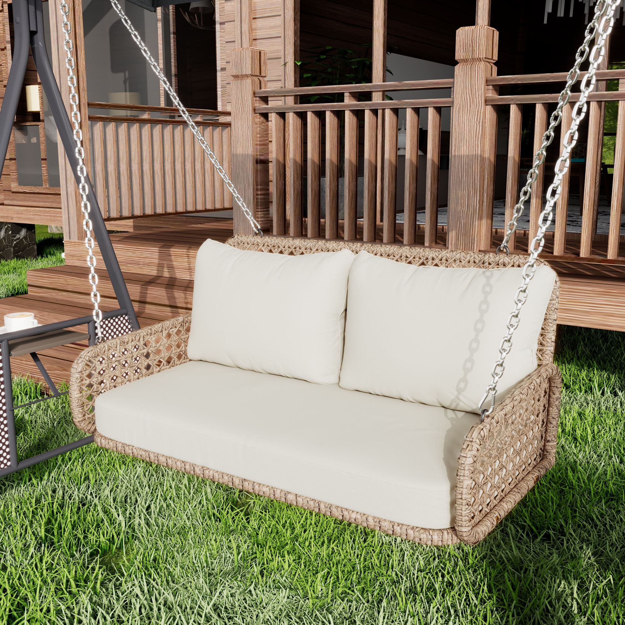 Balancelle de jardin 2 places en rotin PE, Balançoire de jardin - avec coussins et 2 chaînes - 112 x 54 x 48 cm - Beige - 2