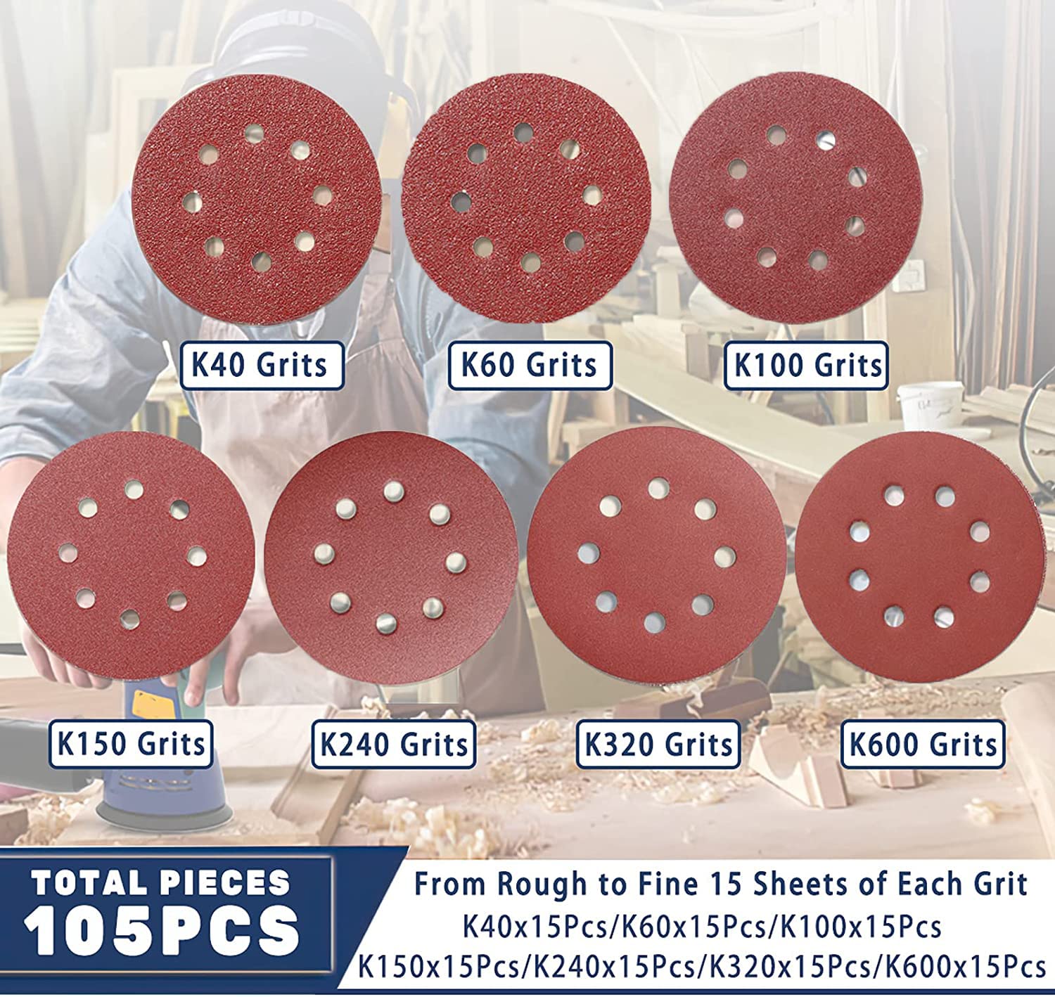 105PCS Disque de Ponçage 125mm, Disques a Poncer Papier Abrasifs 8 trous Idéal pour Poncer/Polir (Grain 40/60/80/150/240/320/600) - 3