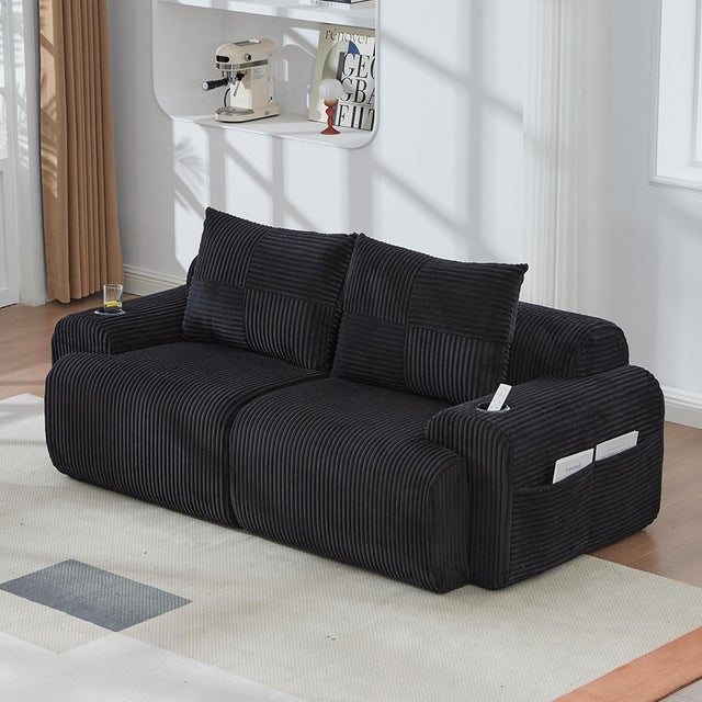 Canapé 2 places 200 cm - Canapé modulable avec accoudoirs - Porte-gobelets - Sans montage - Tissu velours côtelé - Noir