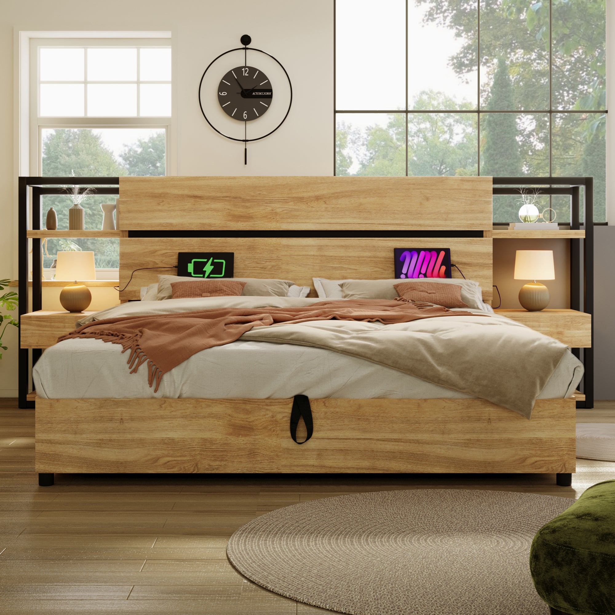 Łóżko skrzyniowe dla dorosłych 180x200 cm z drewna - z portem USB i portem ładowania typu C - z 2 szufladami - z listwową podstawą - Naturalne
