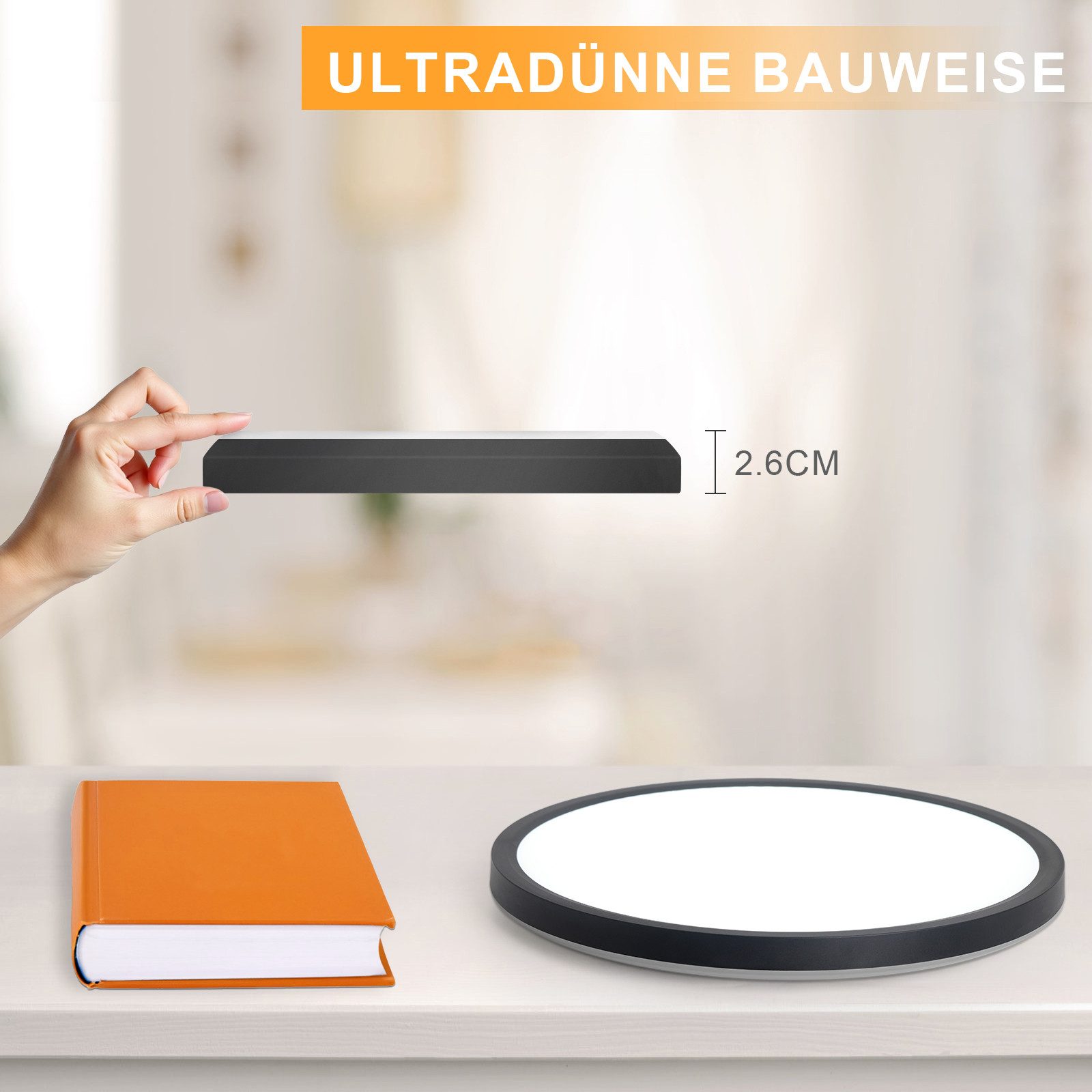 NETTLIFE Lampa sufitowa LED do łazienki, płaska, 30 cm, 24 W, okrągła, biała, do kuchni, nieściemnialna - 6