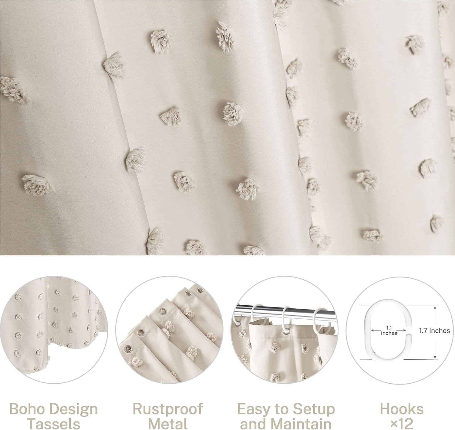 Tenda da doccia plissettata con motivo floreale trapuntato, 180 x 180 cm, minimalista e rustica, con ganci per il bagno, beige (senza asta) | Leroy Merlin