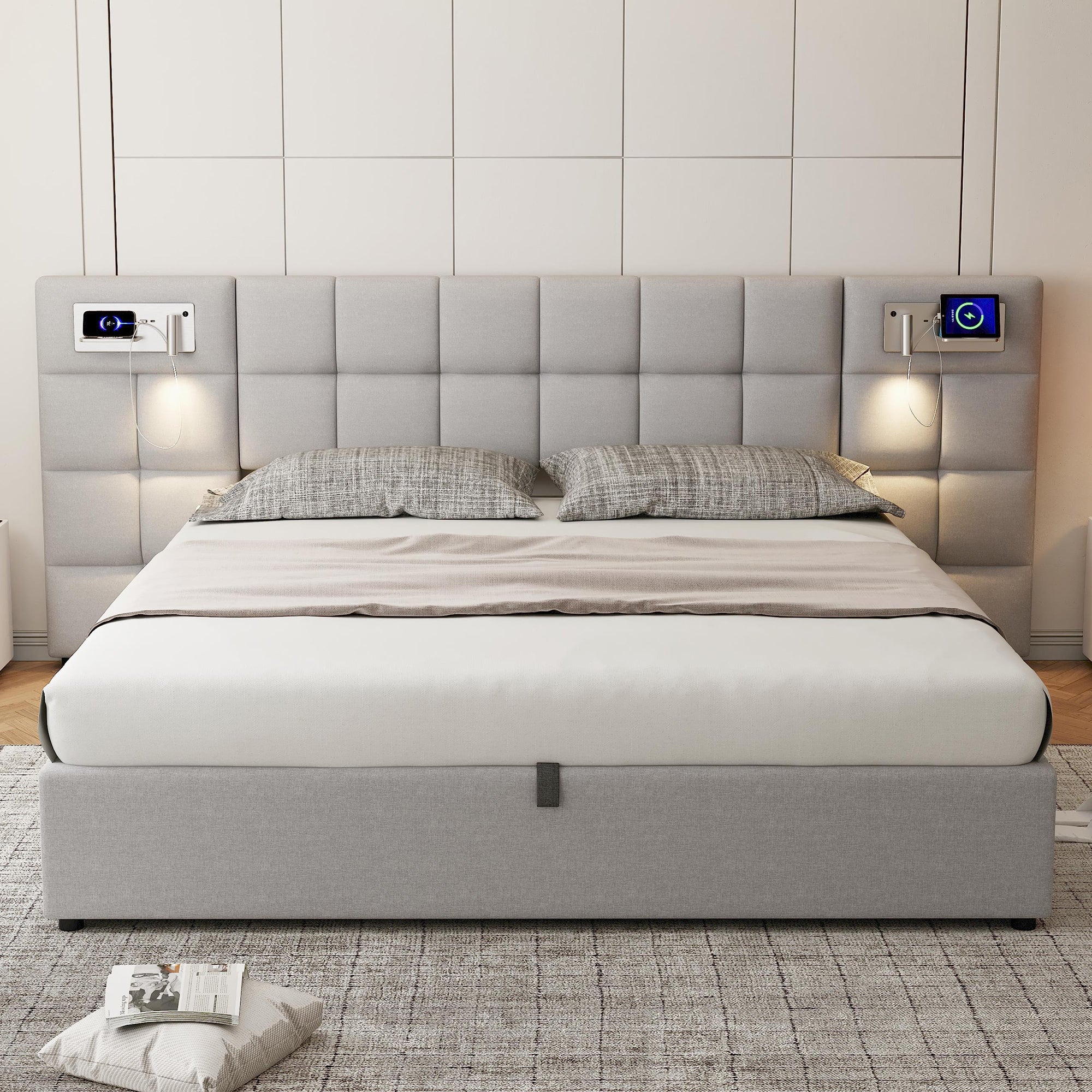 Cama contenedor de tela de lino 180x200 cm - con puerto USB, carga inalámbrica y LED - con somier - Gris - 2