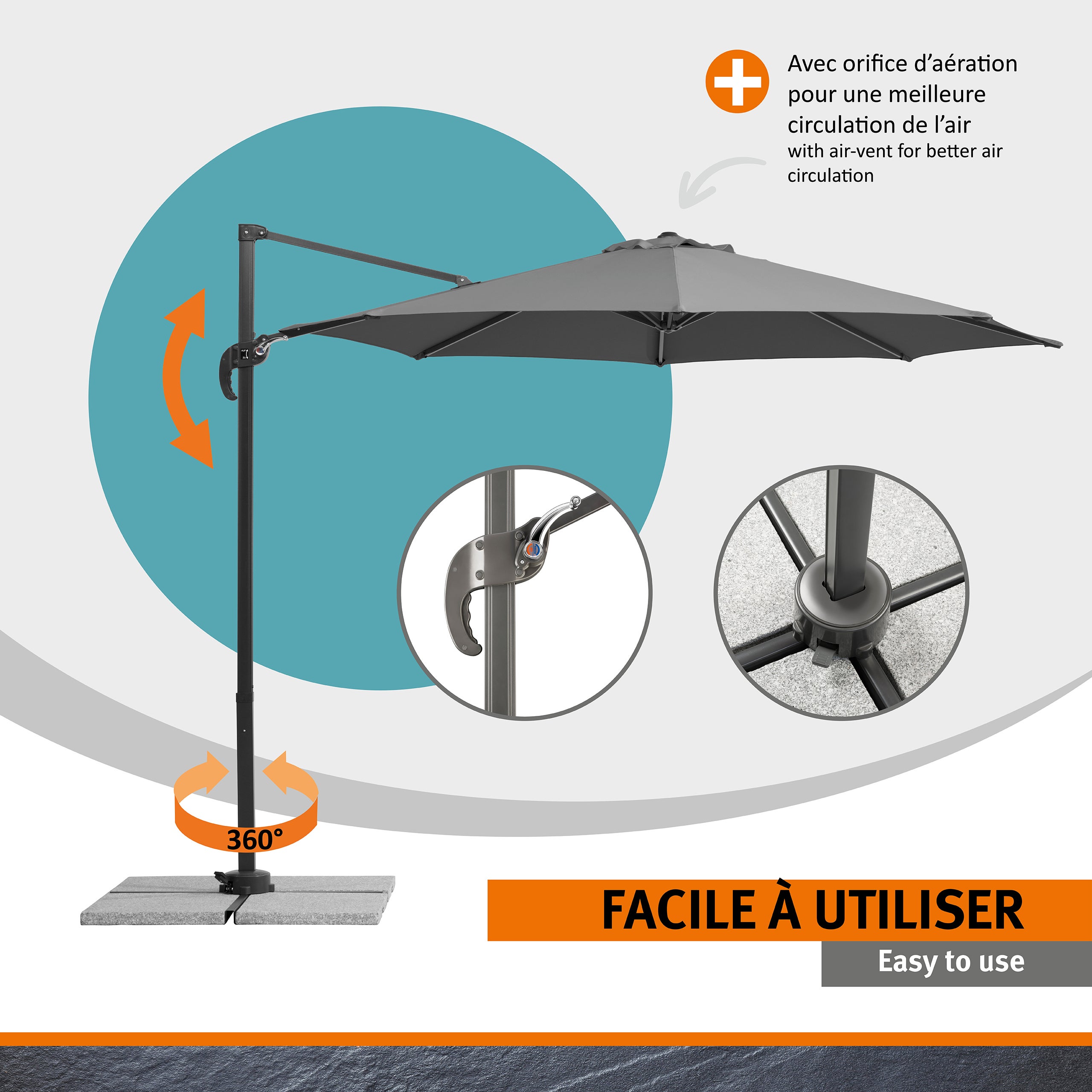 Parasol déporté Schneider Rhodos Junior anthracite, Ø 300 cm – rotatif 360°, avec housse - 4