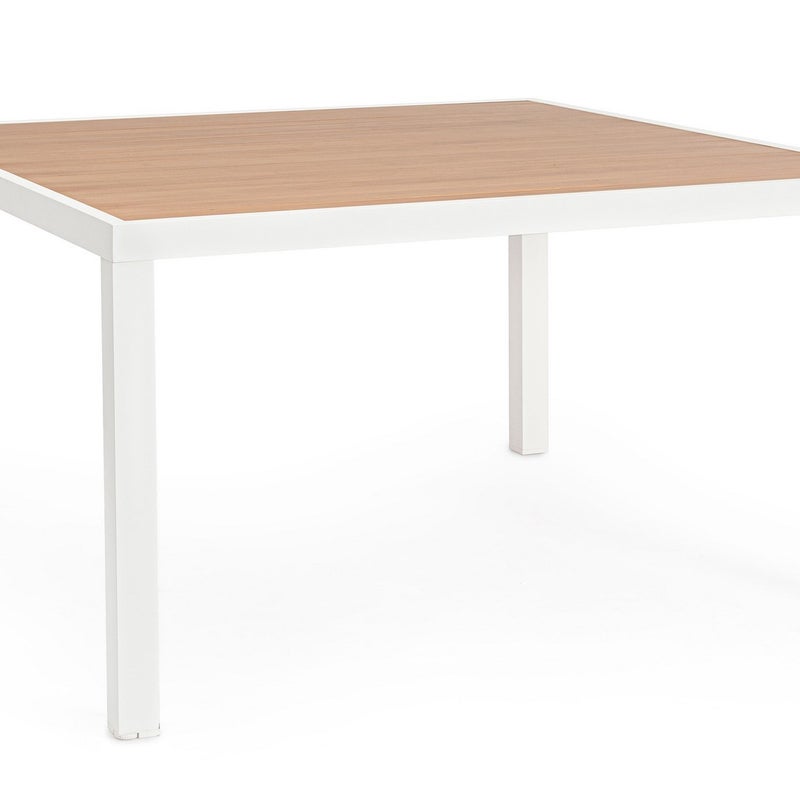 Stół aluminiowy z listwami imitującymi drewno, 136x136 cm, biały, do stosowania wewnątrz i na zewnątrz