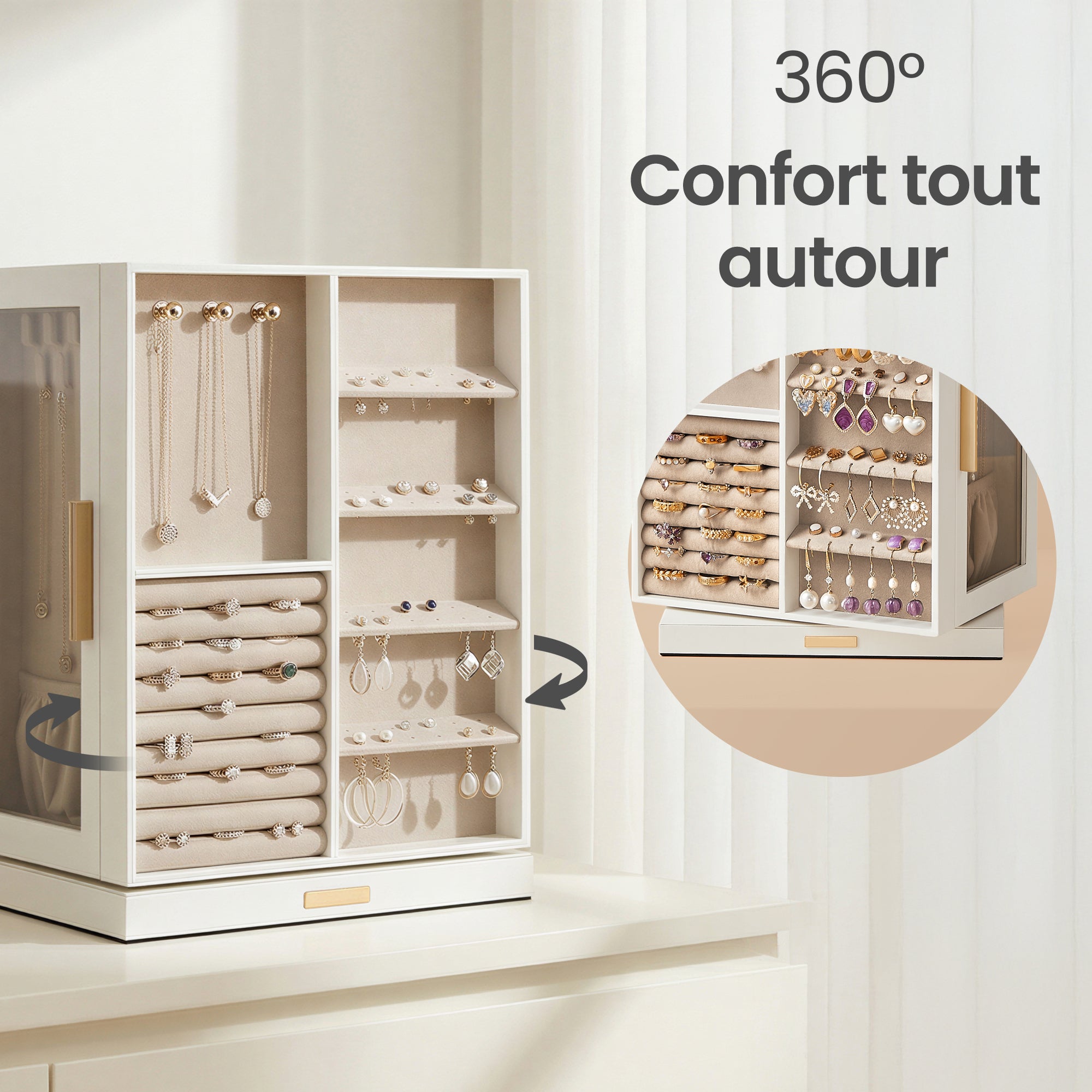Boîte à Bijoux Rotative à 360°, Coffret de Rangement avec 5 Tiroirs, Fenêtre en Verre, Spacieux, Idée Cadeau, Blanc - 4
