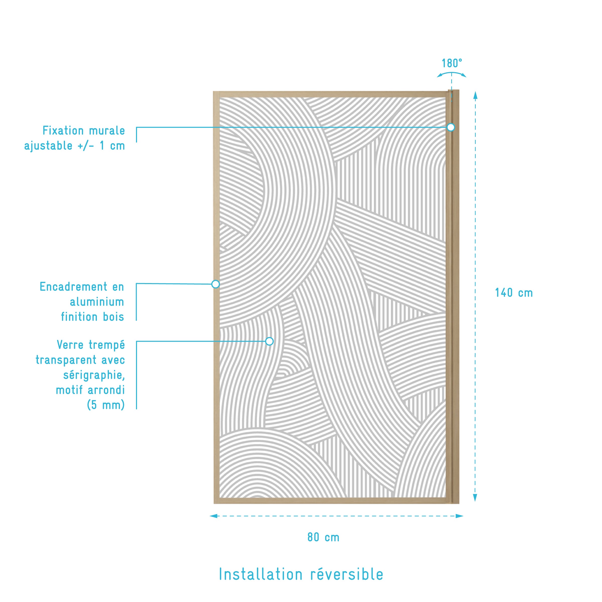 Pare baignoire pivotant 140x80 cm HINATA - style Japandi courbes douces Cadre effet bois - Verre 5mm - 4