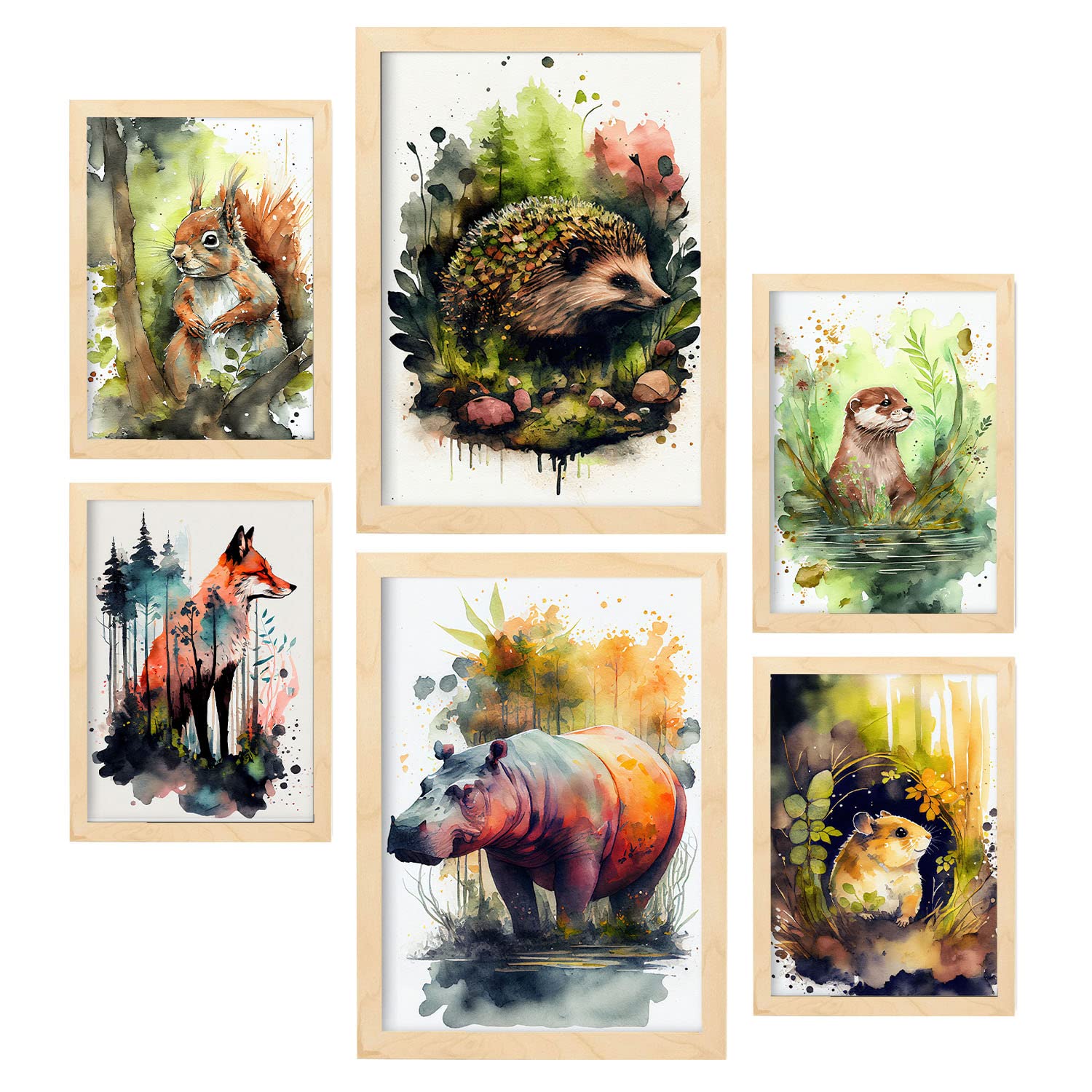 Nacnic posters de animalillos coloridas ilustraciones de animales en paisajes naturales estilo acuarela para la a4 & a3 marcos color madera