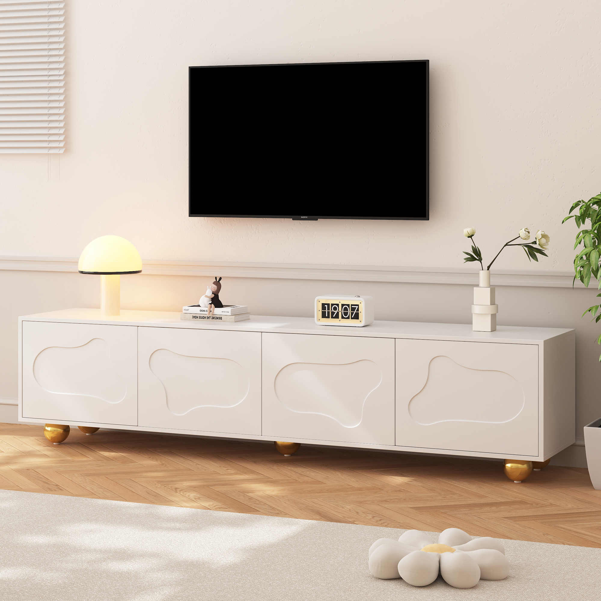 Meuble TV 180 X 40 X 42 Cm Avec 4 Portes Et 2 Tiroirs - Design Épuré Pieds Bois Naturel - Noir - Rangement Optimisé