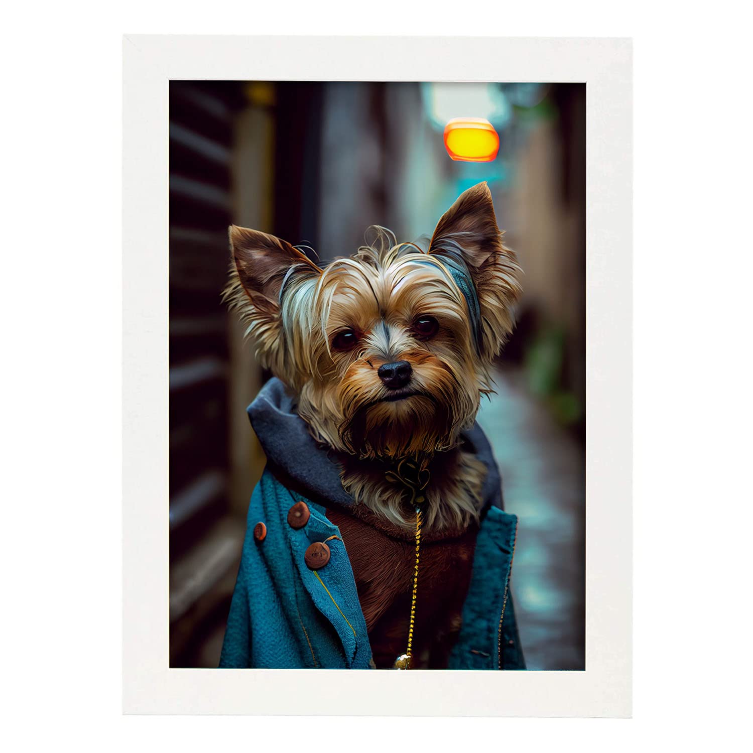 Nacnic lámina yorkshire terrier paciente en estilo fotografía ilustraciones de animales con ropa humana diseño y a3 marco blanco