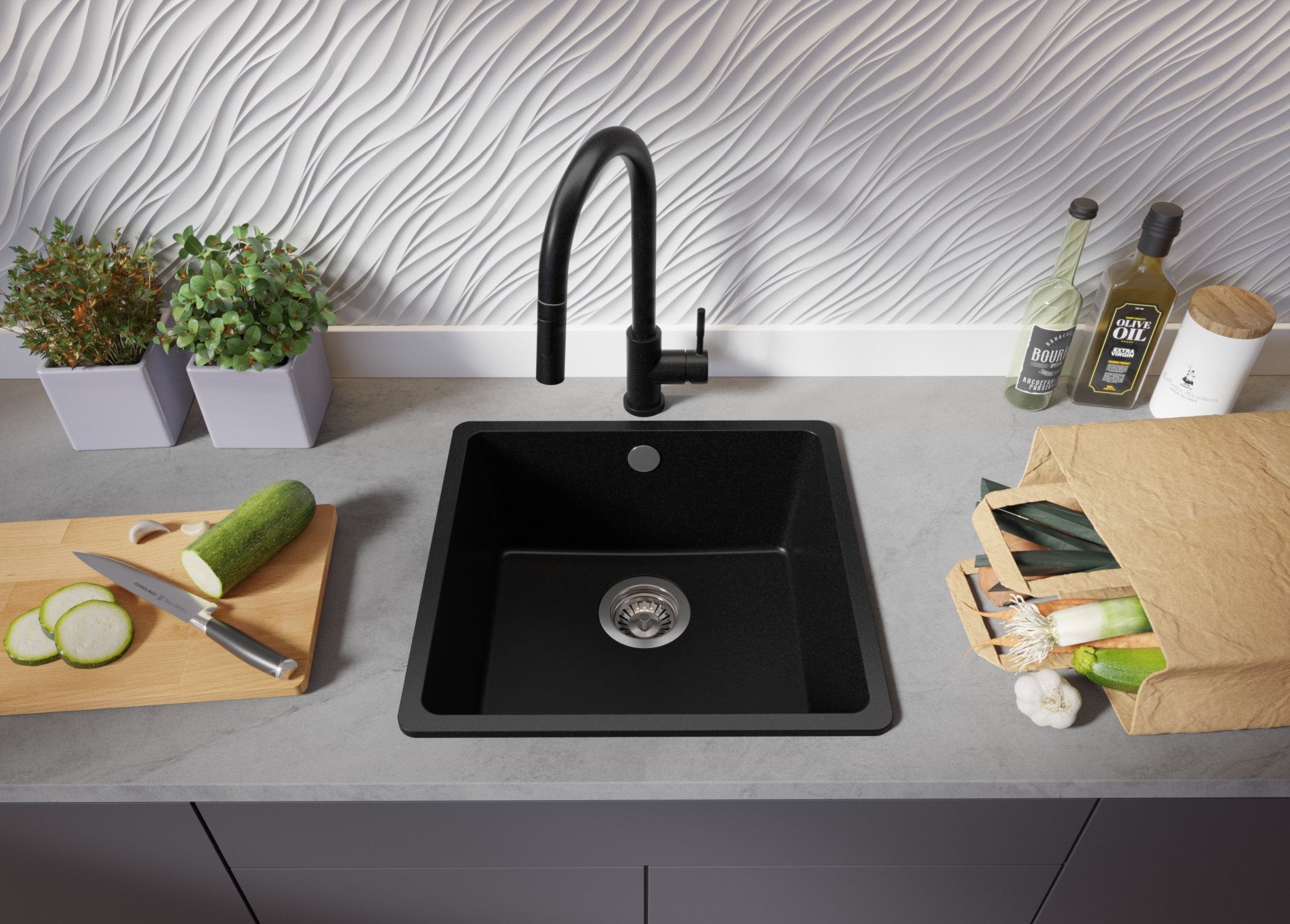 Lavandino da Cucina Tutto Nero 46x44cm, Lavello in Granito a 1 vasca + Sifone Classico + Accessori, Lavabo da Cucina Incasso al mobile 50cm PRIMAGRAN - 3
