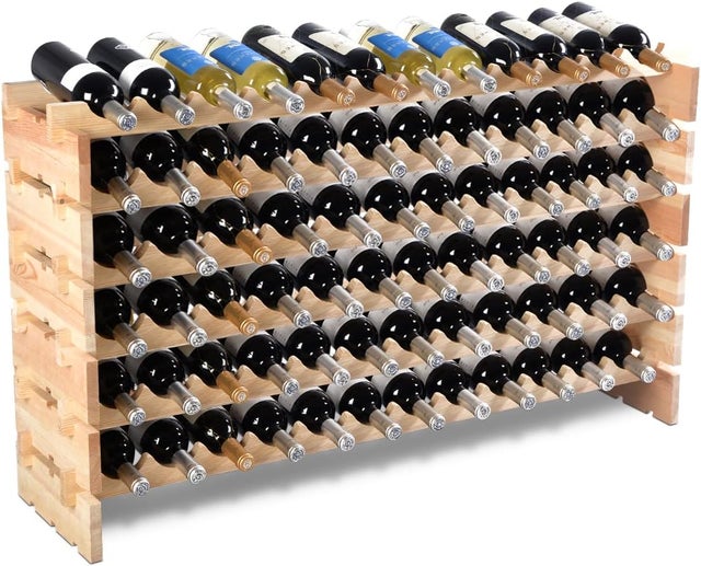 Botellero Vino Apilable de Madera de Pino para 72 Botellas, con 6 Niveles, Estantería de Vino para Cocina Hogar Bar, 119 x 29 x 72 cm, Carca 90kg
