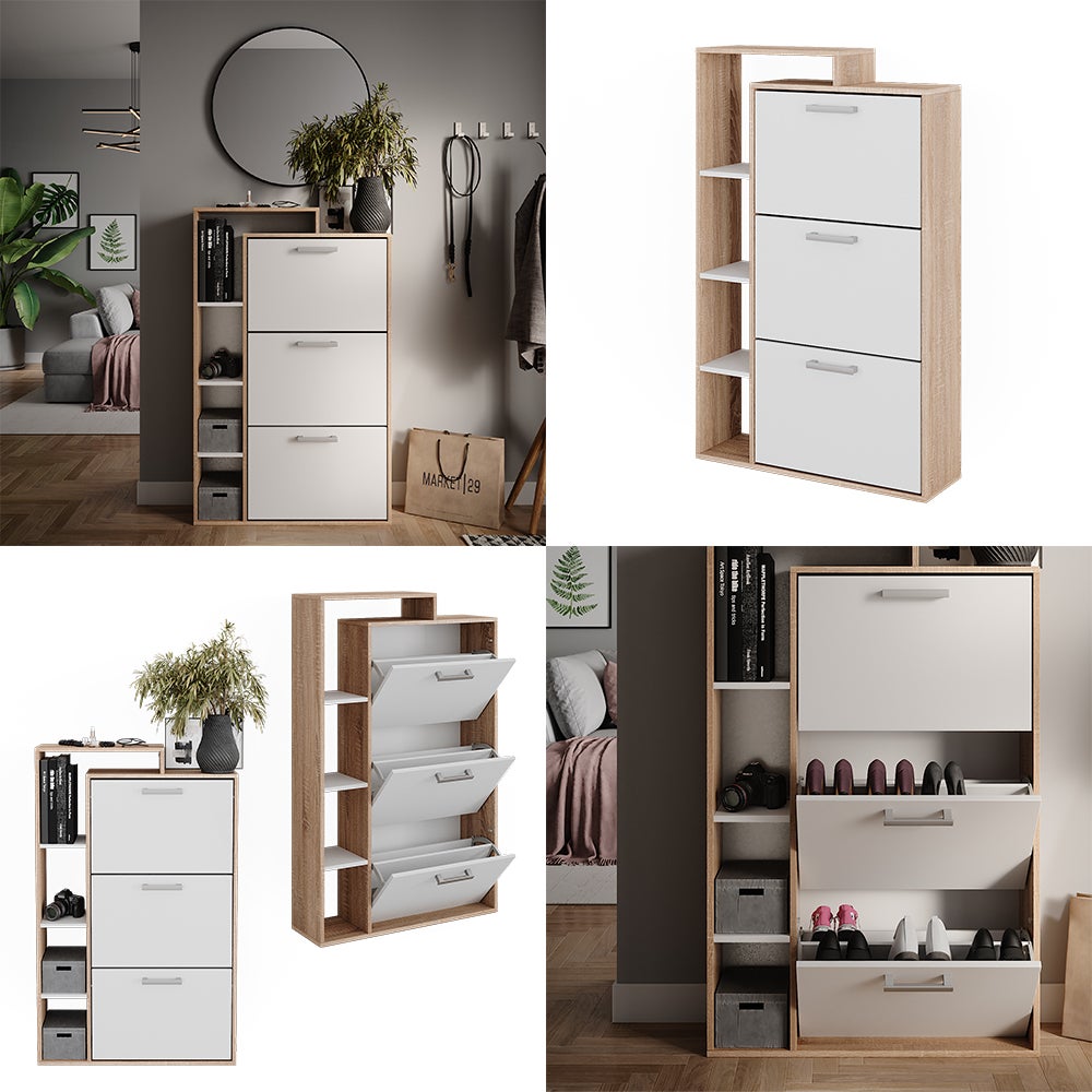 Vicco Basculeur à chaussures Orlando, Blanc/Sonoma, 80x128.3cm avec 3 compartiments - 8