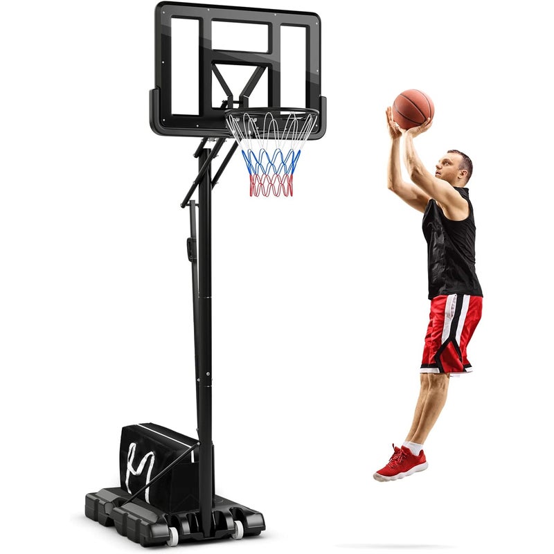 Regulowany Stojak do Kosza na Piłkę do Koszykówki o Wysokości 111 cm, z Solidną Metalową Obręczą o Średnicy 48 cm i 2 Kółkami, Czarny