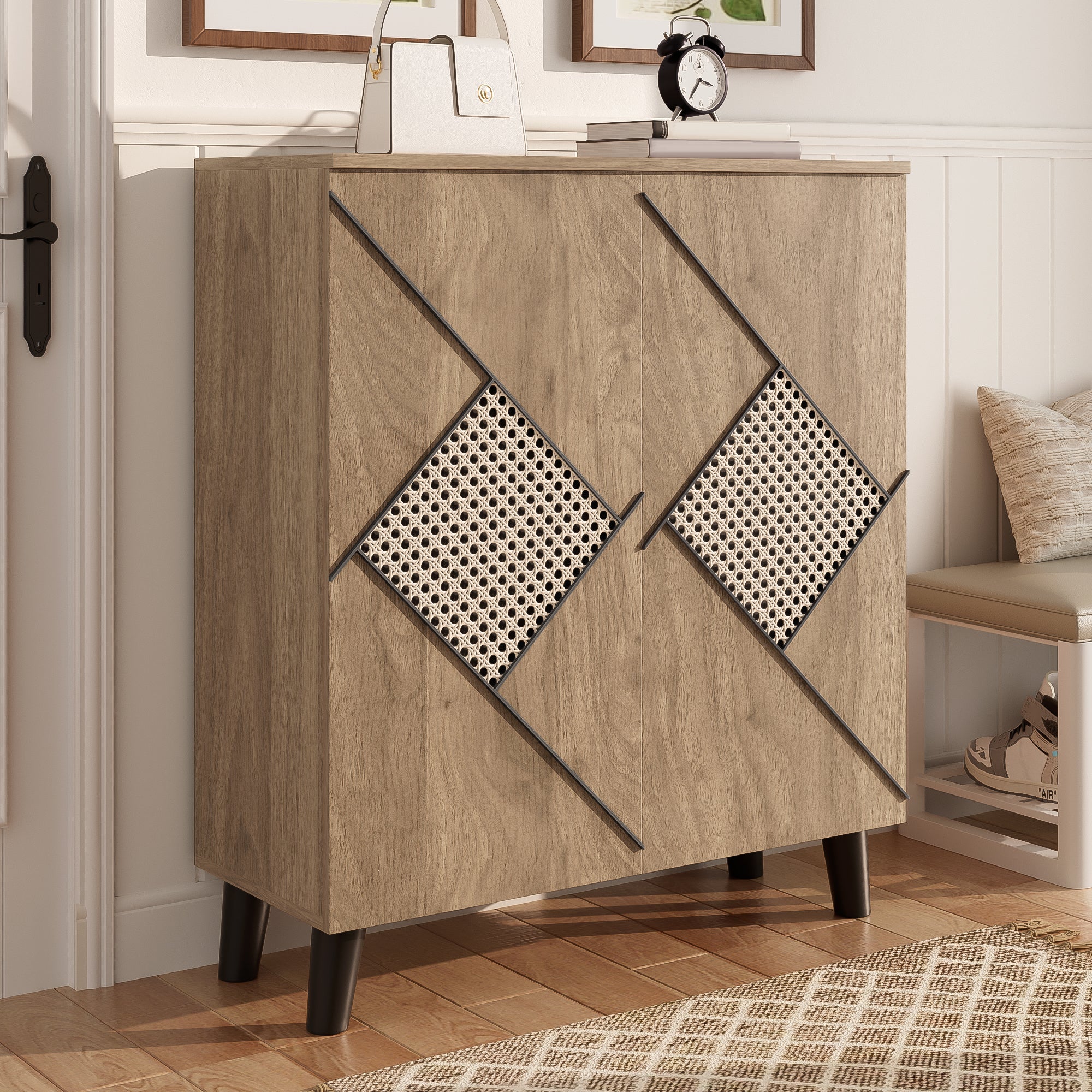 Szafka na buty z 2 drzwiami imitującymi rattan - 80 x 32 x 91 cm - Płyta wiórowa i nogi z tworzywa PVC - Kolor drewna - 8