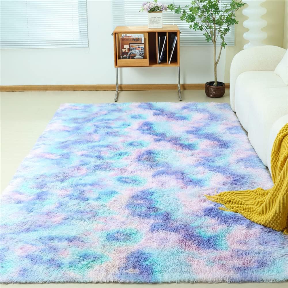 Covor shaggy albastru-violet, 140x200 cm, moale, antiderapant, modern, pentru living si dormitor