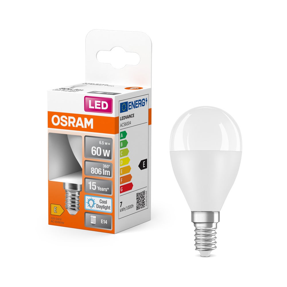 Ampoule LED Osram, Mini Form Classic Mini Ball, 60 Watts Remplacement, E14, P-Shape, 6500 Kelvin, Cold Daylight, Matt, Pack Single - 5