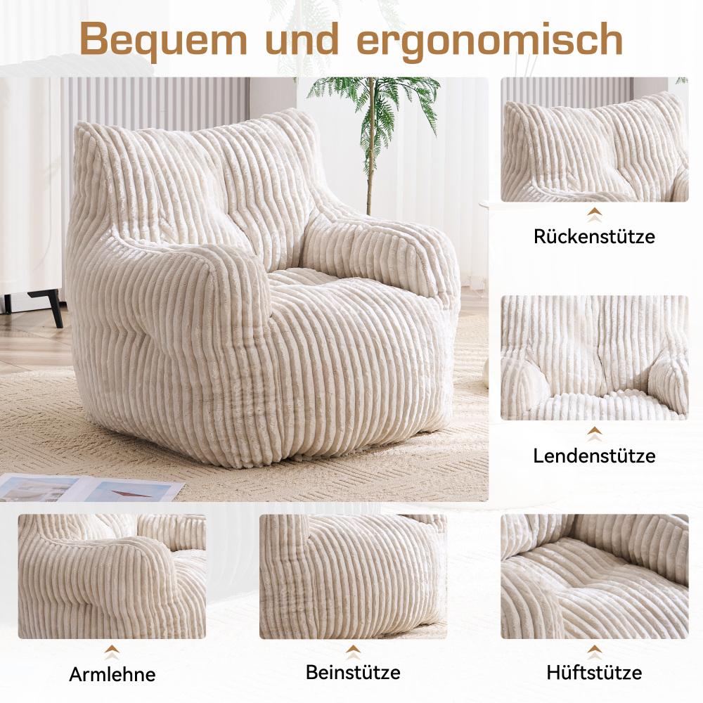 Fauteuil poire beige en velours côtelé, rembourrage mousse, chaise lounge confortable, tissu doux, siège salon chambre, design moderne - 4