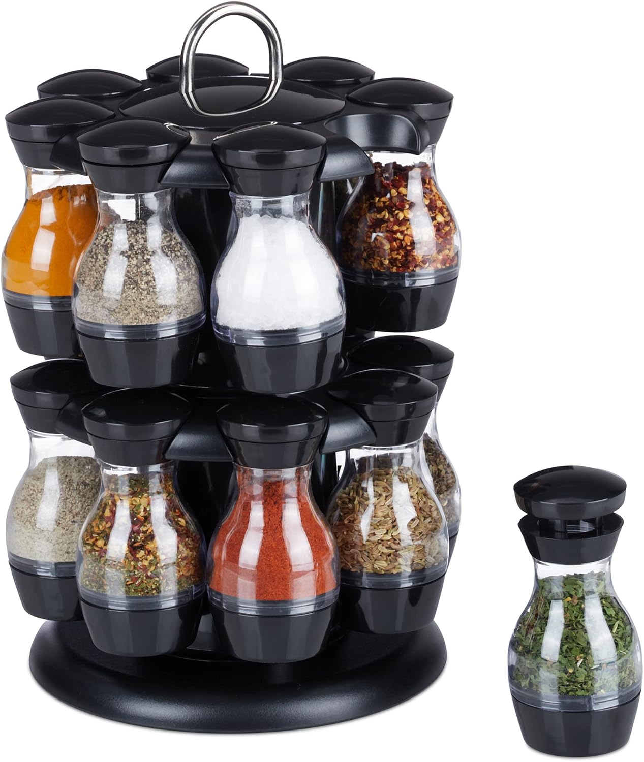 Czarny stojak na przyprawy, 18,5*18,5*28 cm, zestaw 16 dwuwarstwowych obrotowych słoików na przyprawy w stylu karuzeli.