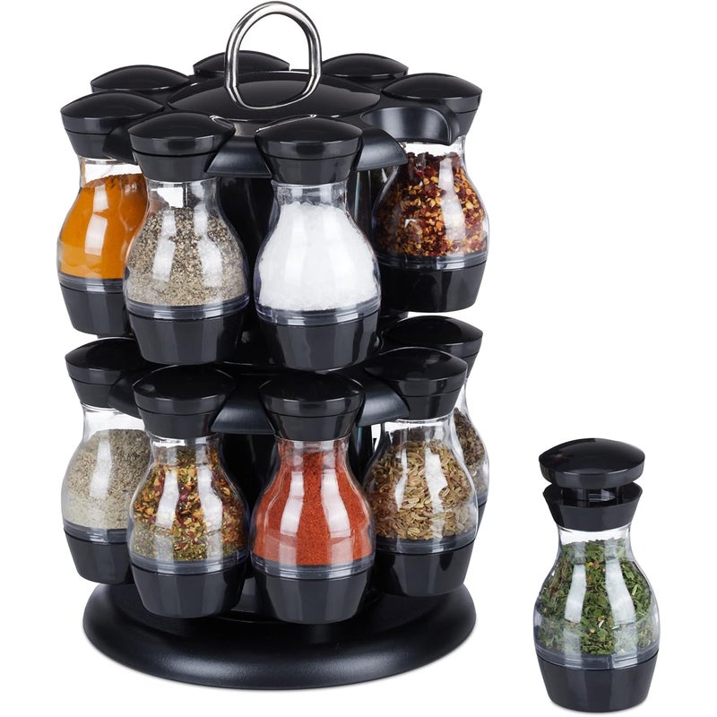 Czarny stojak na przyprawy, 18,5*18,5*28 cm, zestaw 16 dwuwarstwowych obrotowych słoików na przyprawy w stylu karuzeli.