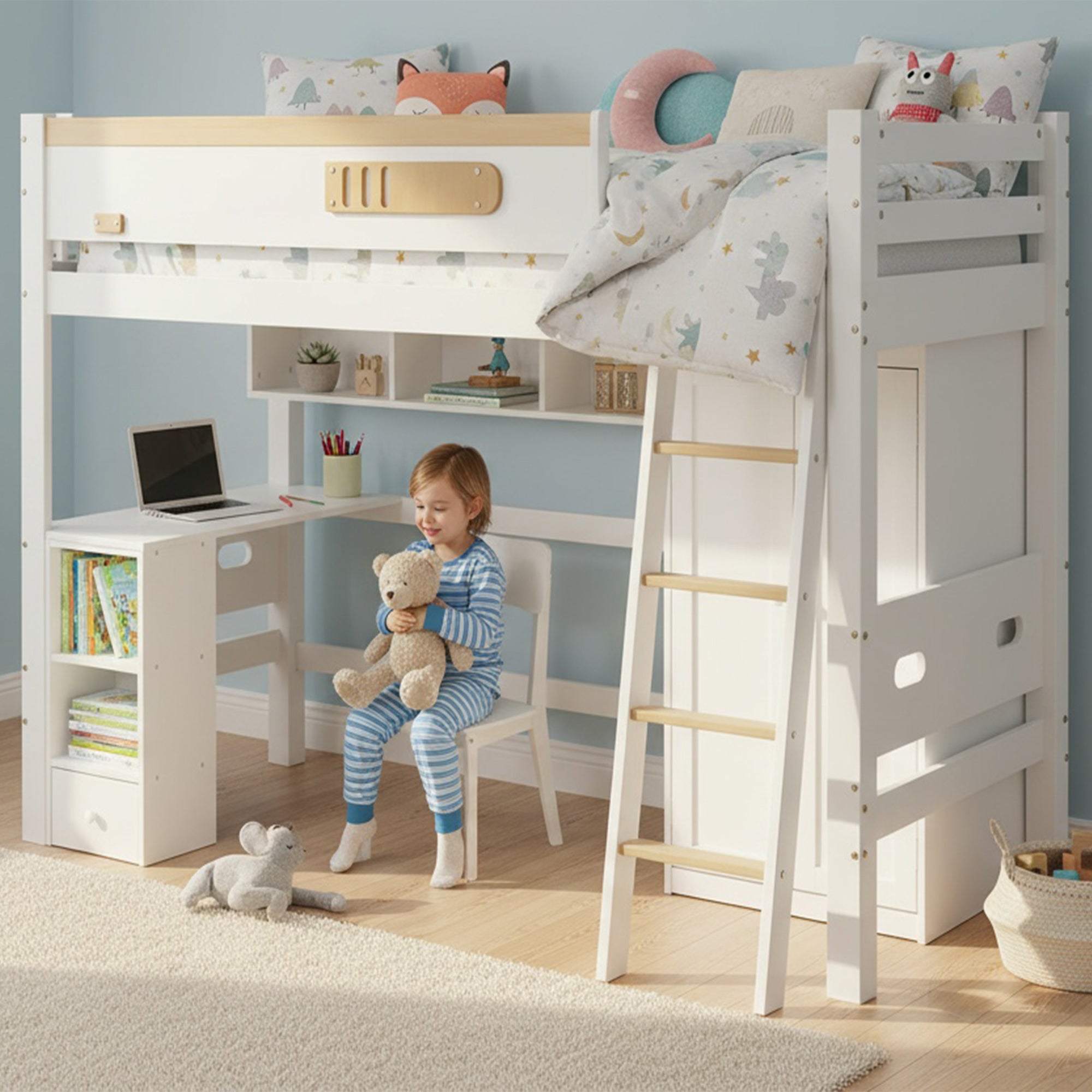 Lit Mezzanine Emob 90x200 Avec Bureau Et Armoire - Blanc - Occasion