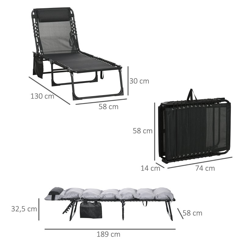 Chaise longue pliante 5 positions avec coussin et appui-tête, structure acier, tissu respirant, 58x189x32,5cm, 120kg, gris clair - 3