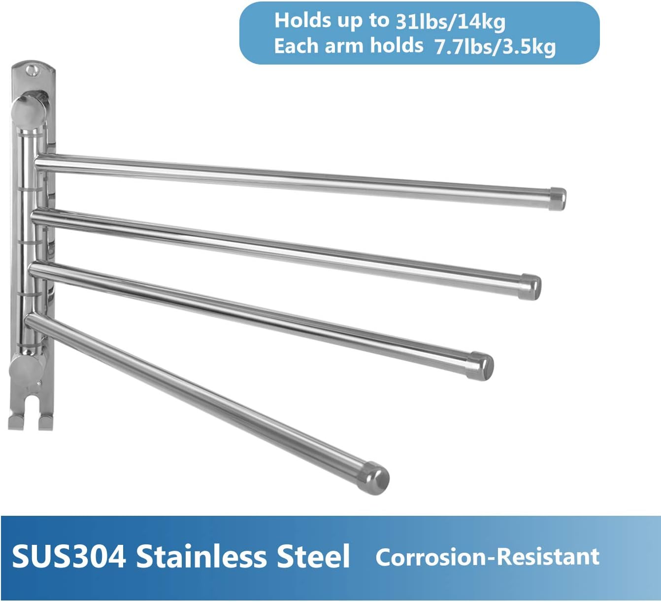 Wieszak na ręczniki do łazienki, obrotowy 180°, podwójny drążek ze stali nierdzewnej, cztery srebrne drążki - 5