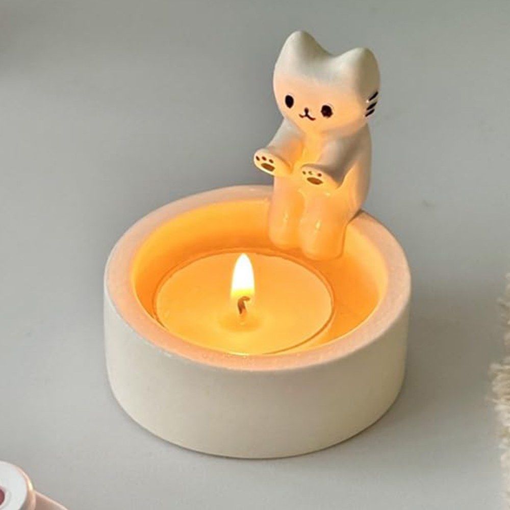 Bougeoir chaton de dessin animé, chandelier en céramique fait à la main, chaton réchauffant ses pattes, joli support de lumière parfumée - 5