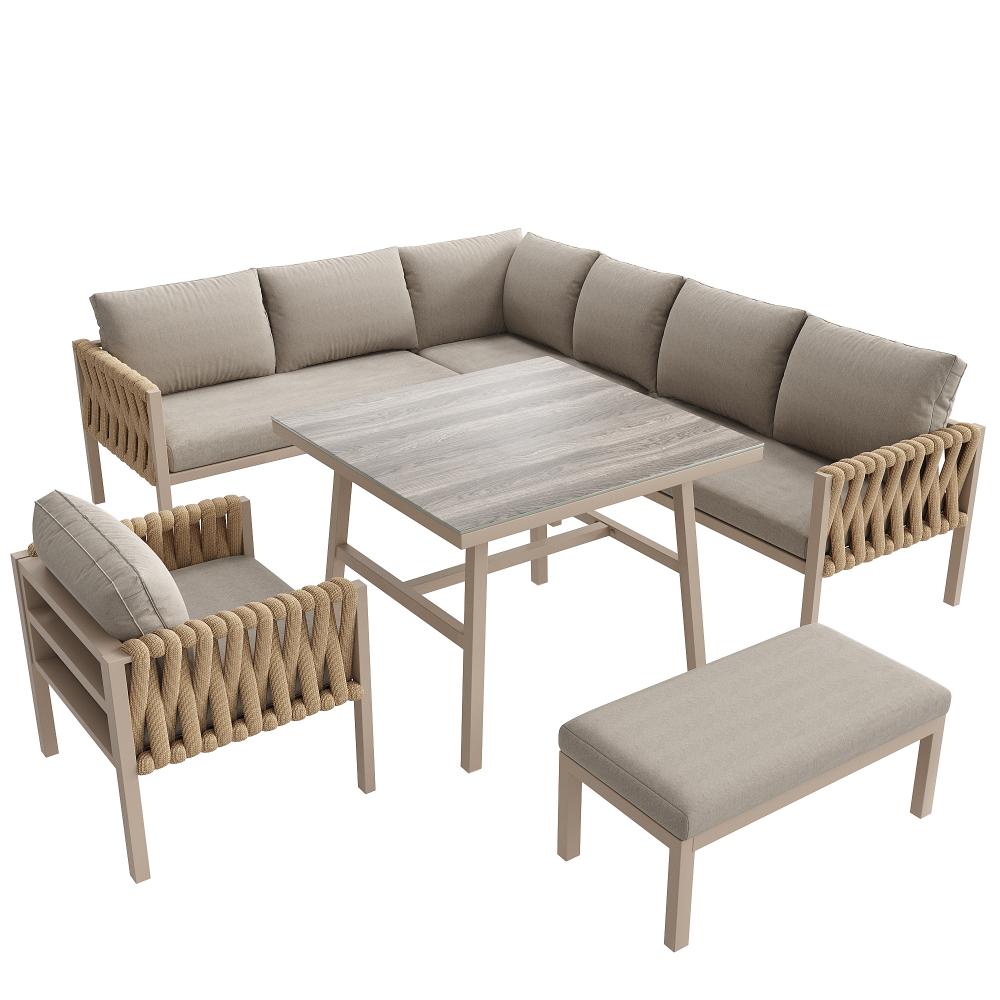 Ensemble de meubles de jardin modulable avec canapé d'angle, fauteuils, table en verre trempé et coussins inclus pour extérieur - 6