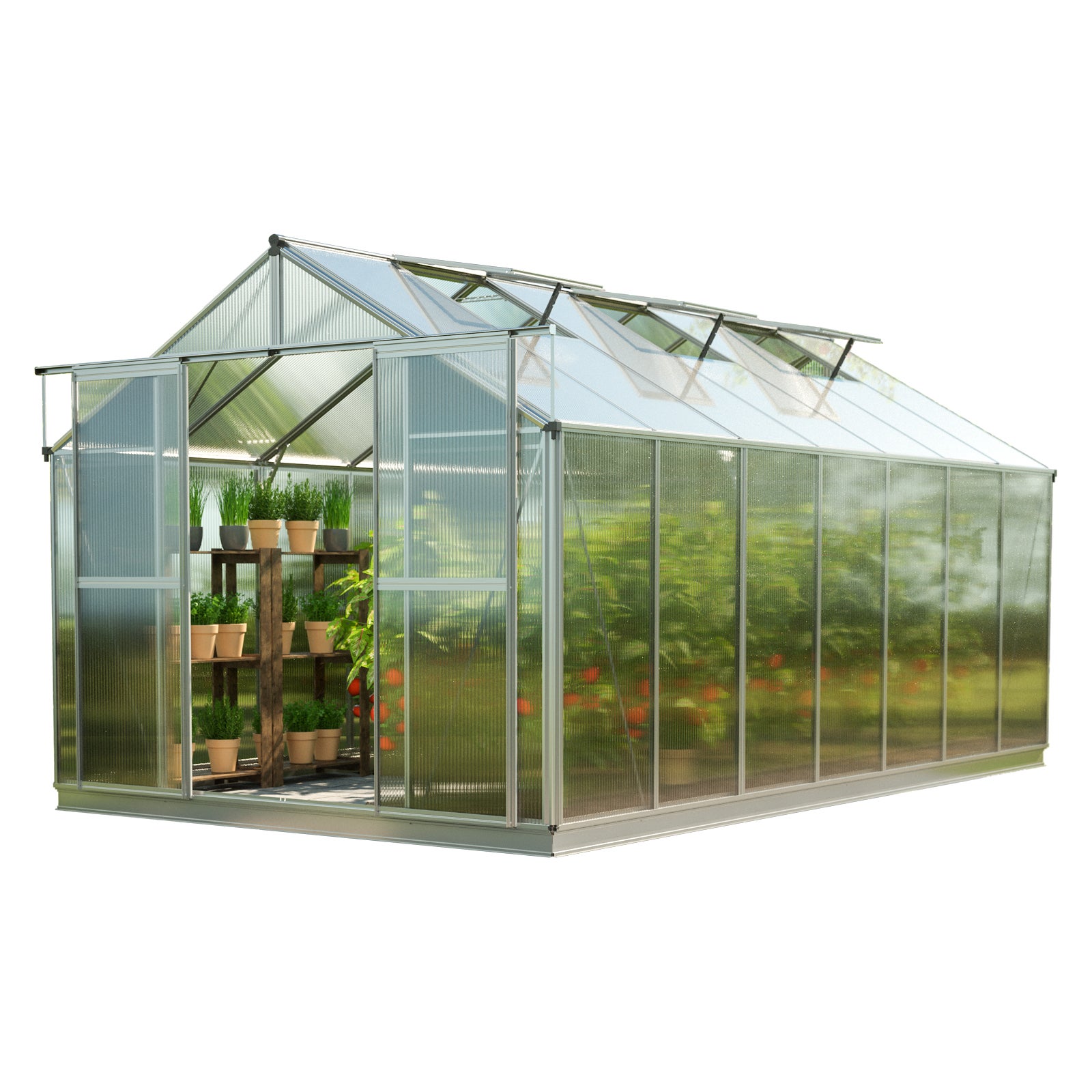 GFP szklarnia Topas 7 rama aluminiowa 225x449 cm - płytami poliwęglanowymi ok. 6 mm - z ramą fundamentową i aut. mechanizm otwierania okien