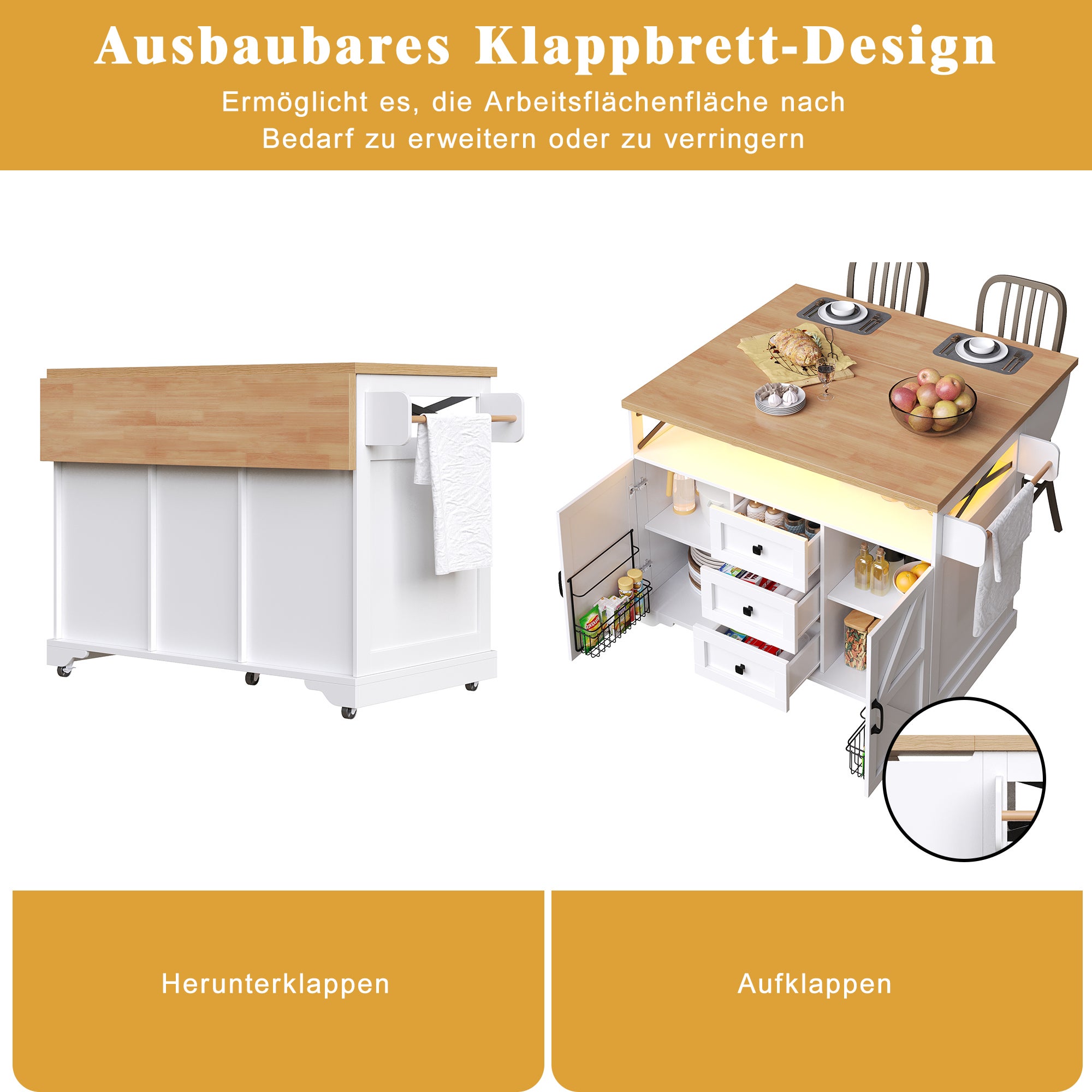 Ilot central de cuisine avec Table Rabattable - 120x43-71x98 cm, Buffet d'Îlot avec LED et Rangements,Buffet de cuisine avec Porte-Snacks et 3 Tiroirs - 7