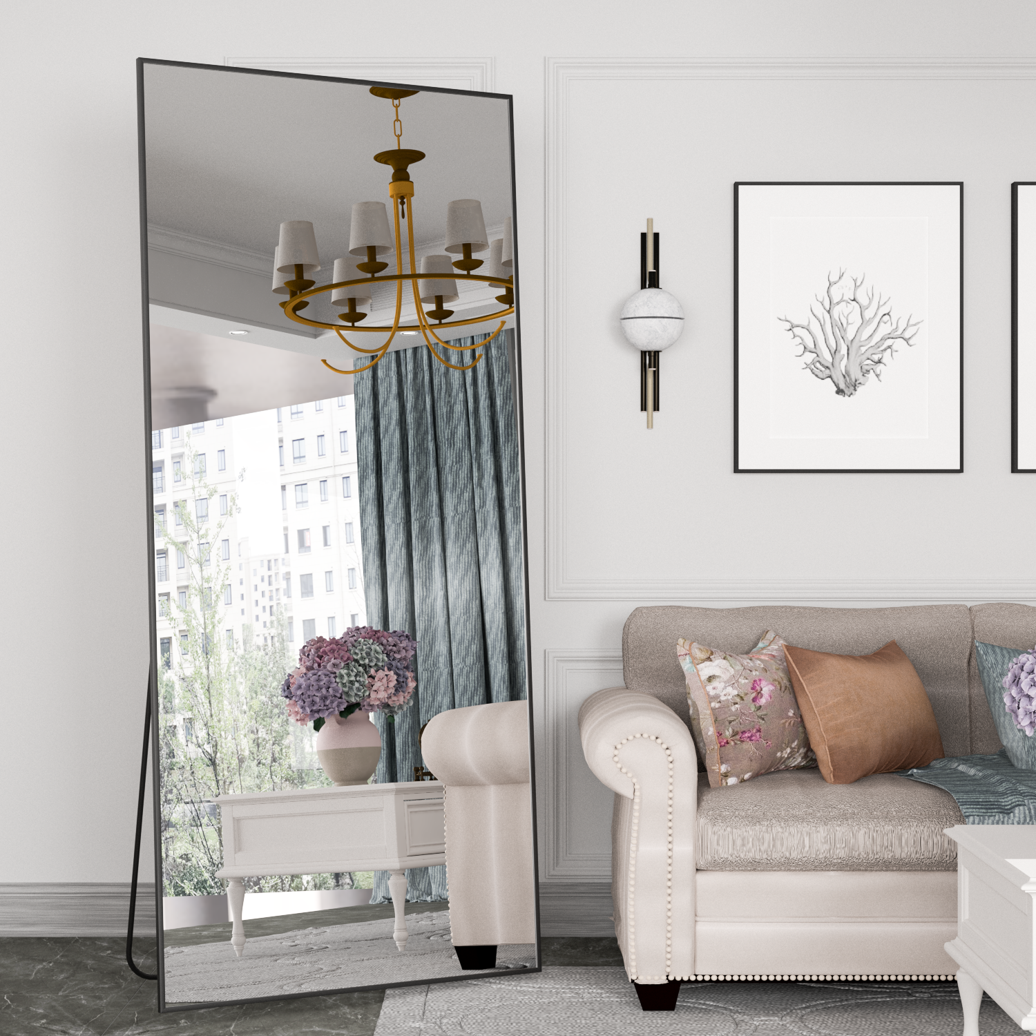 Miroir pleine longueur 180 x 64 cm, miroir sur pied, miroir sur pied avec cadre en alliage d'aluminium, miroir mural à cadre fin - 4