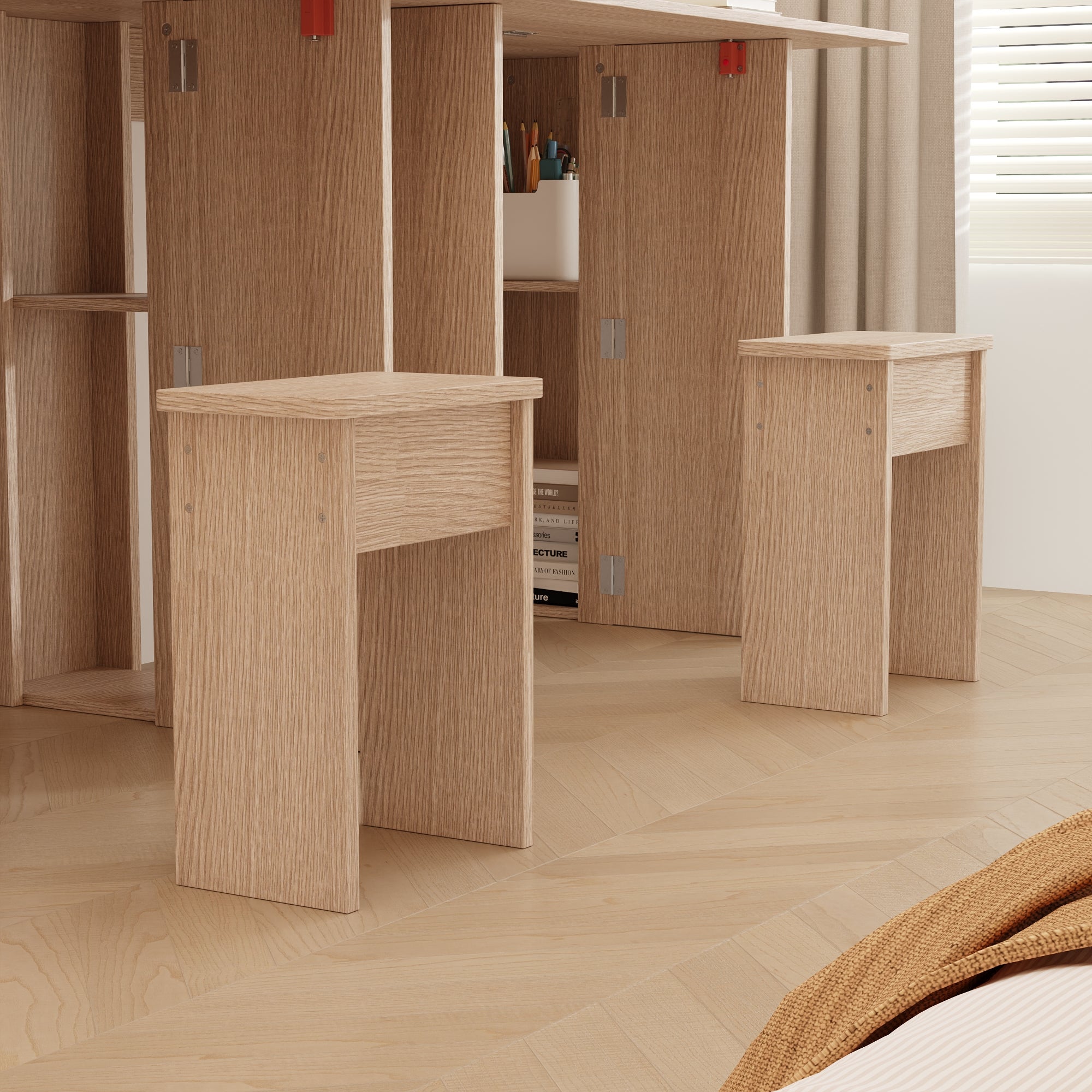 Bureau de Tables Pliables Double avec Etagères, 2 Chaises fournies, Bureau, 180x60x130, Chêne - 6