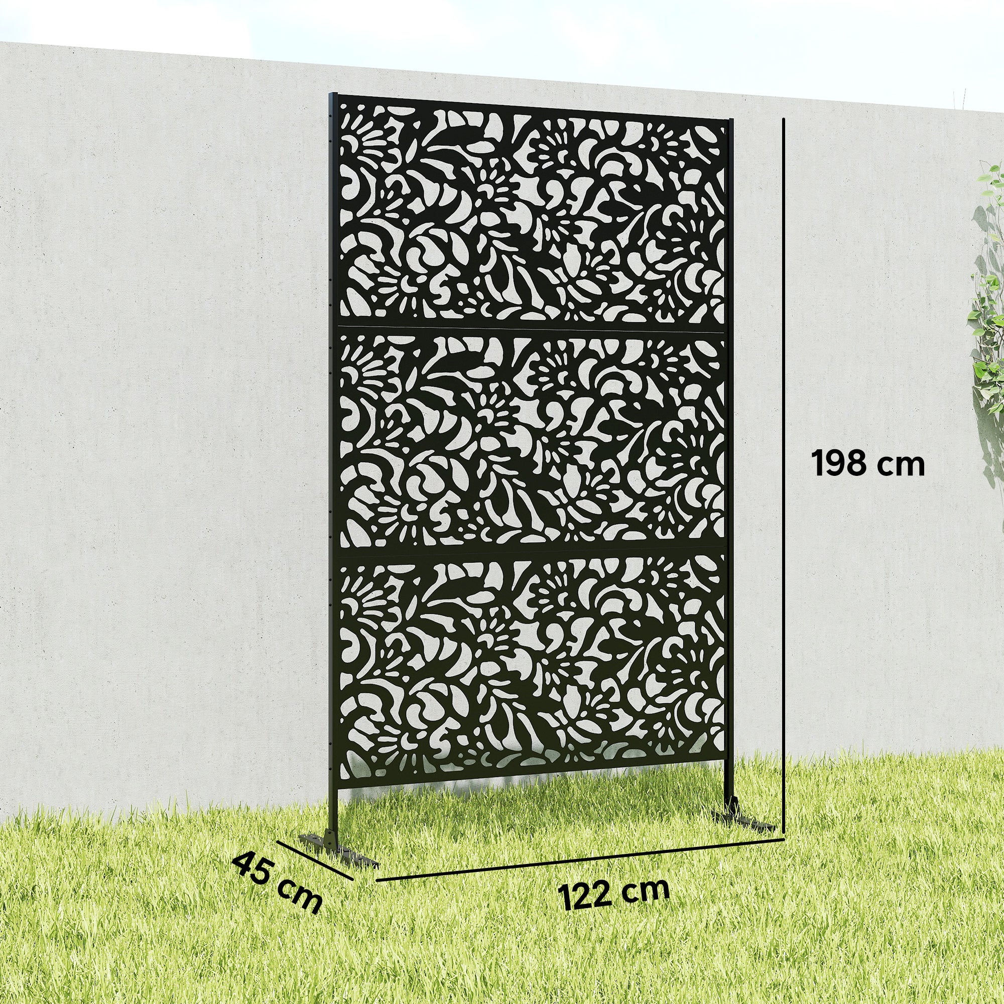 Panneau Brise Vue décoratif Extérieur Claustra Décoratif Jardin 3 Panneaux à motif floral Acier 122 x 45 x 198 cm Noir - COMFORTXL - 3