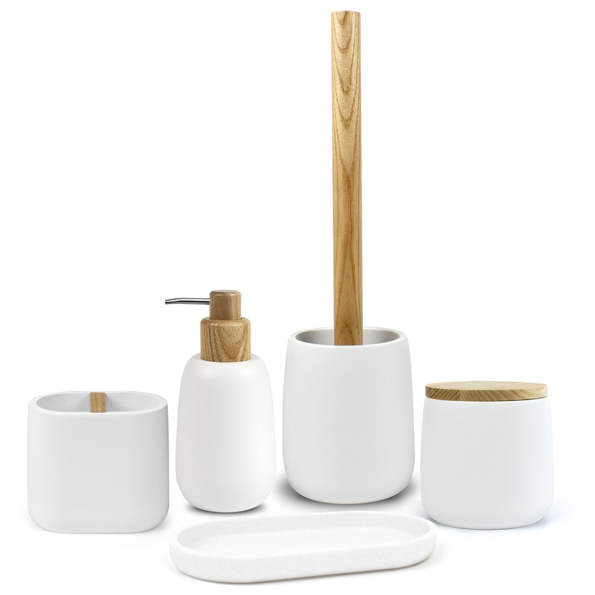 Algodonera de baño blanca-Serie Forest-Resina-Bote organizador-Con tapa de madera-Para discos desmaquillantes y bastoncillos de algodón - 5