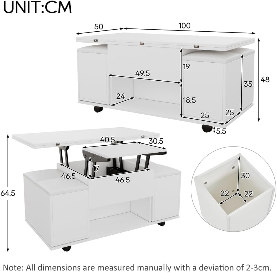 Table Basse avec 2 Plateau Relevable, Table de Salon 3 en 1, avec 4 Tabouret, Rangement Caché et Ouvert, 100 x 100 x 63.5 cm - 6