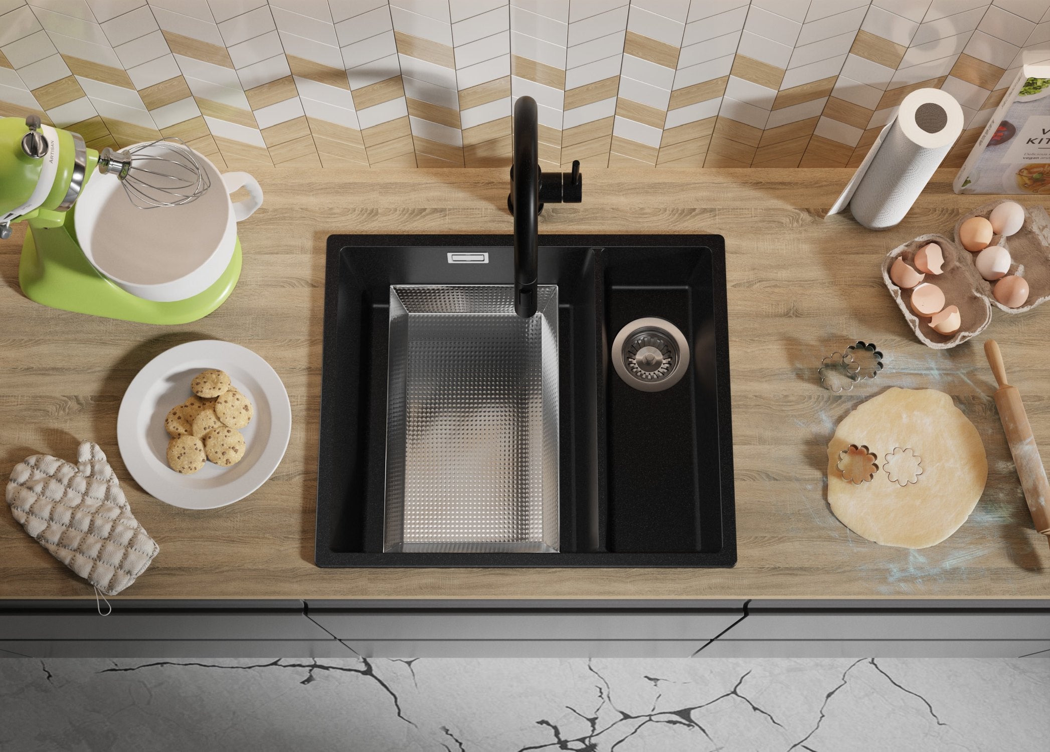 Lavandino da Cucina Tutto Nero 56x47cm, Lavello in Granito a 1,5 vasche + Accessori, Lavabo da Cucina Incasso al mobile 60cm PRIMAGRAN - 8