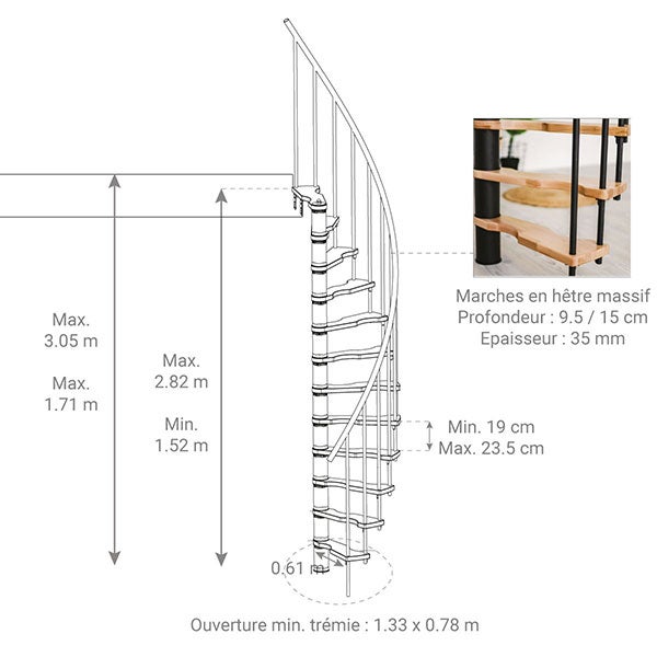 Escalier colimaçon 12 marches - Hauteur à franchir 2.47 à 3.05m - Structure noire et marche hêtre - Diamètre 140cm - SUON140/NH-12 - 7