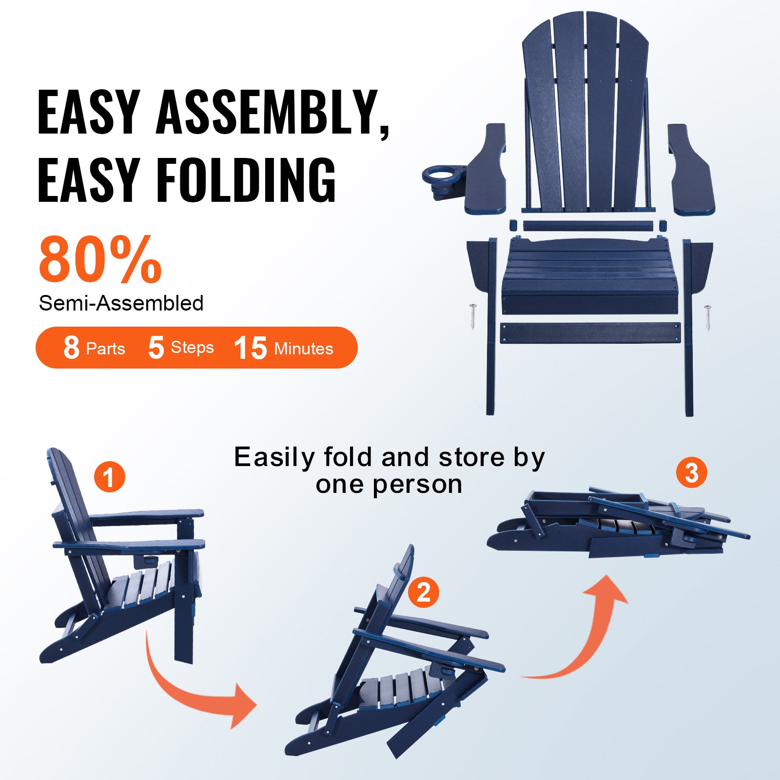 Set di 2 sedie Adirondack,SucceBuy sedie pieghevoli in plastica per tutte le stagioni con portabicchieri,braccioli ergonomici,blu navy - 4