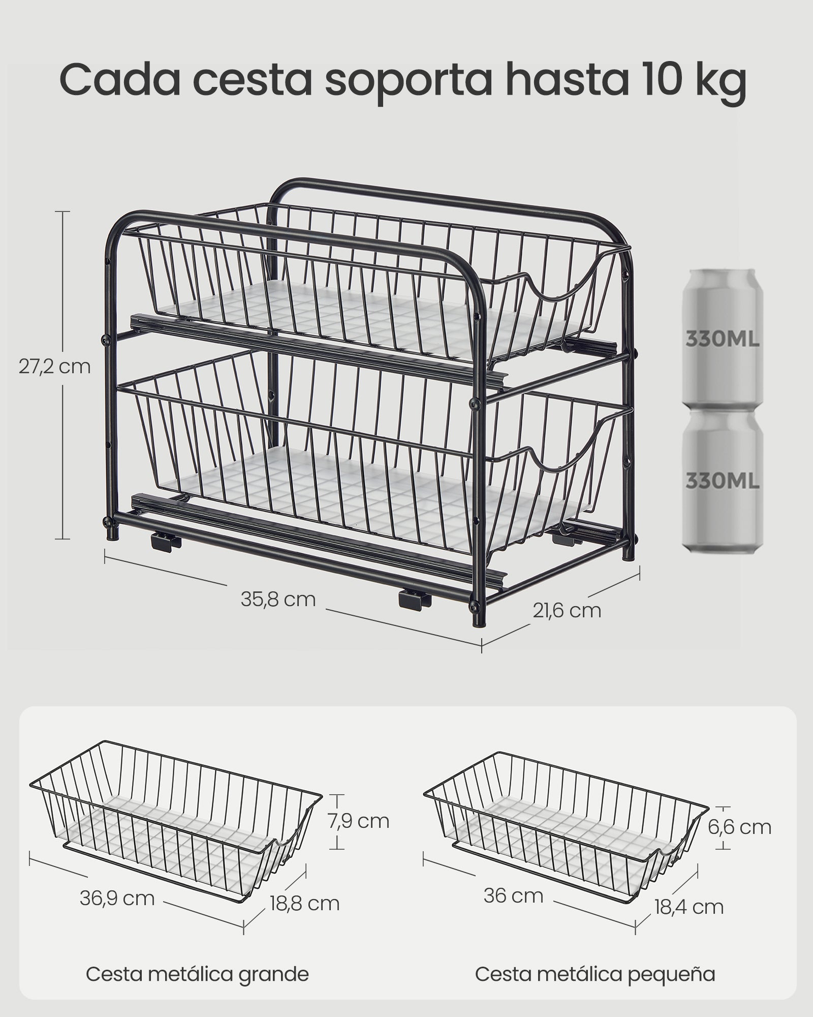 Organizador de cocina, Estantería de 2 Niveles Extraíbles para Armario, Apilable bajo Fregadero, con Cajones, Negro - 6
