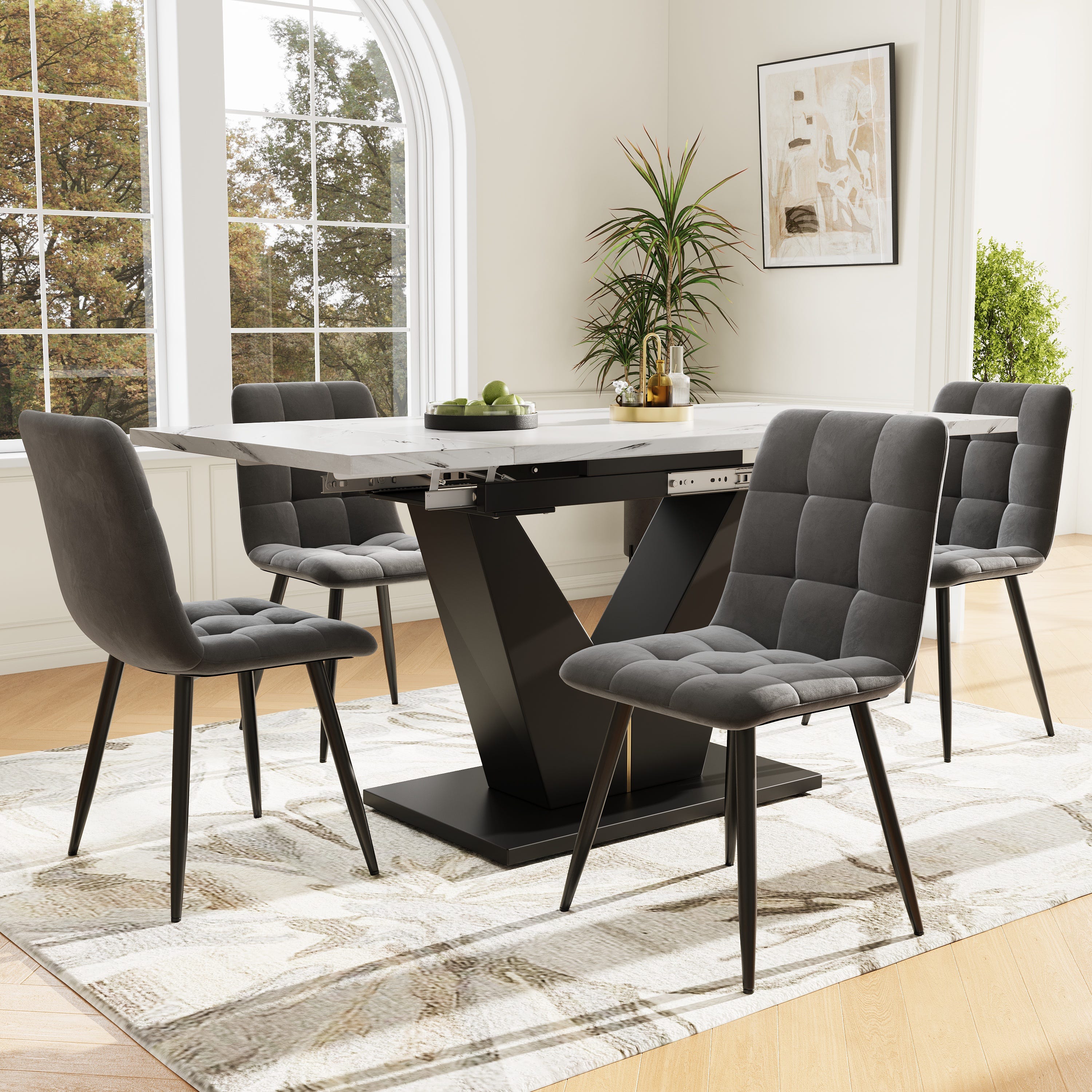 Ensemble Table à Manger Hexagonale Marbre Et 4 Chaises Velours - Design Moderne, Base Métal Doré