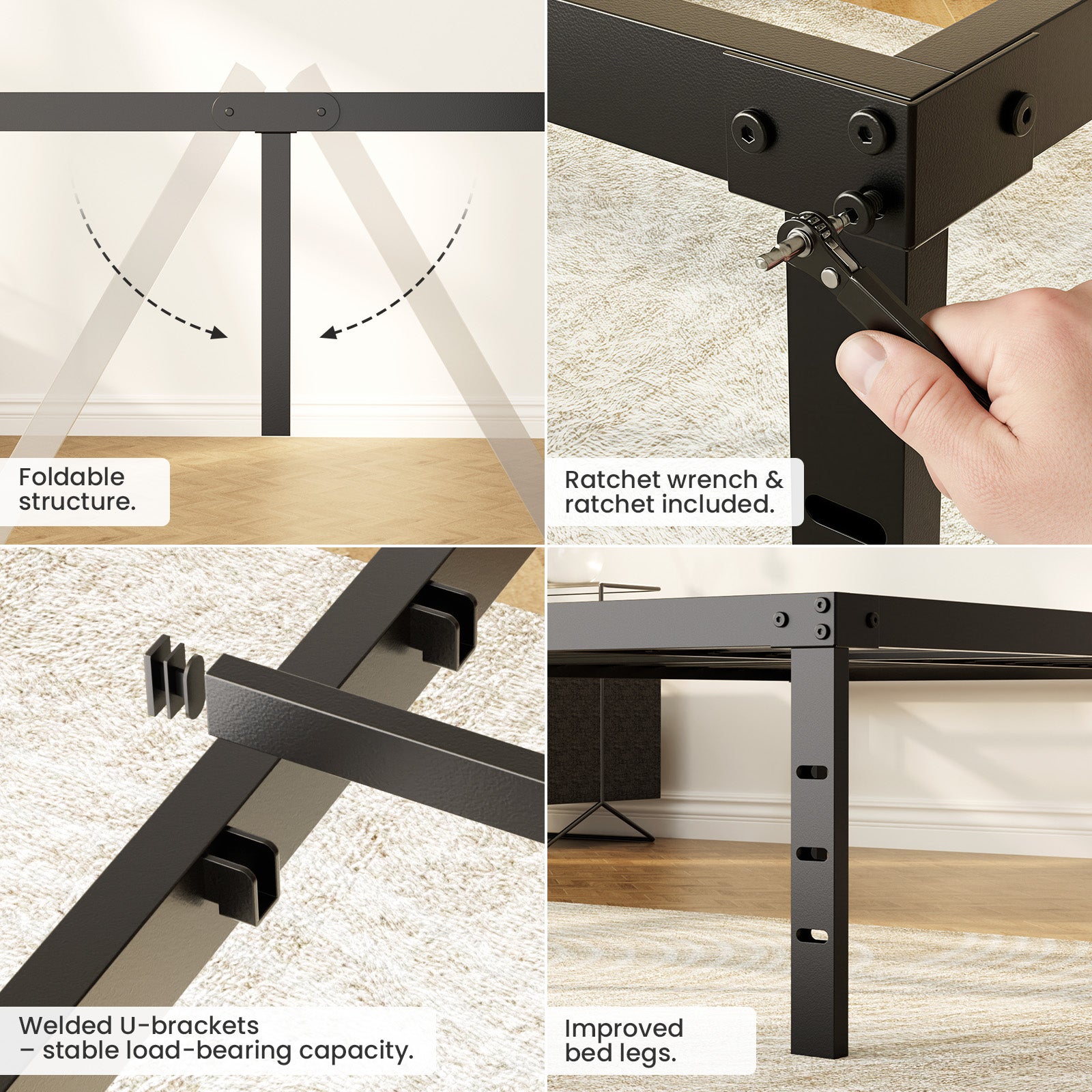 Cadre Lit Plateforme Moderne: 140x200 cm, Cadre Lit Métallique, Pieds Rectangulaires Robustes, Lattes Silencieuses. AURALUM MAX. - 4